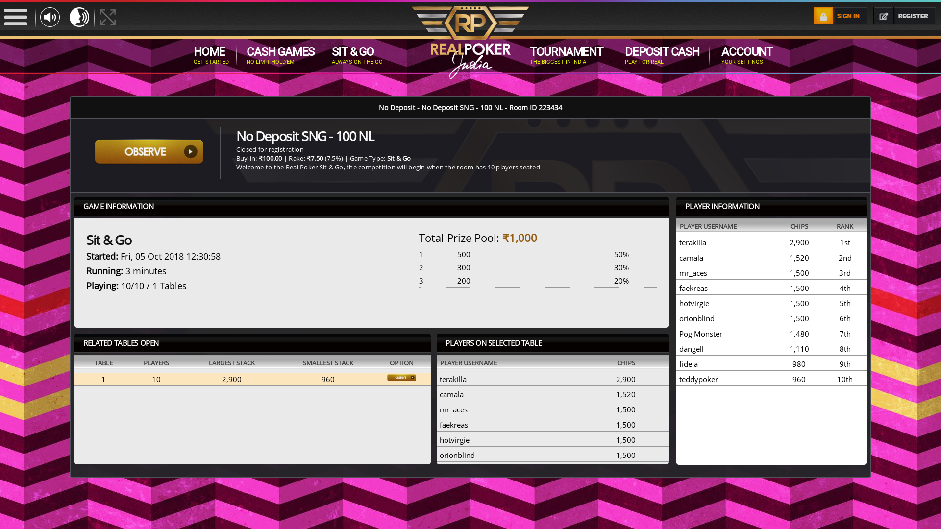 Indian online poker on a 10 player table in the 2nd minute match up