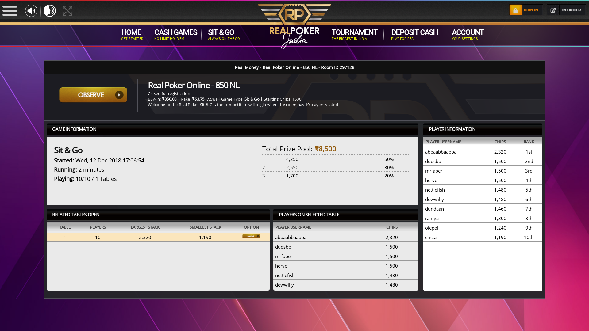 Indian online poker on a 10 player table in the 2nd minute match up