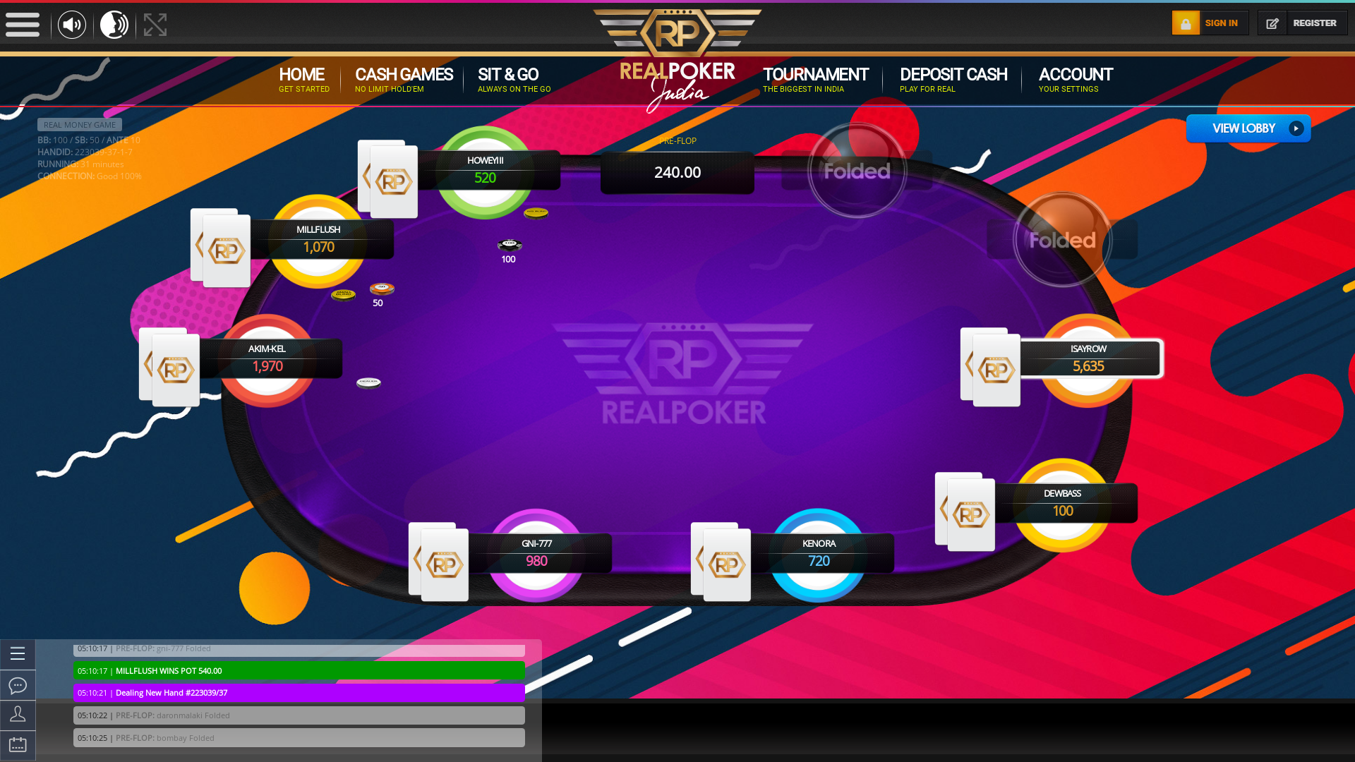Indian online poker on a 10 player table in the 31st minute match up