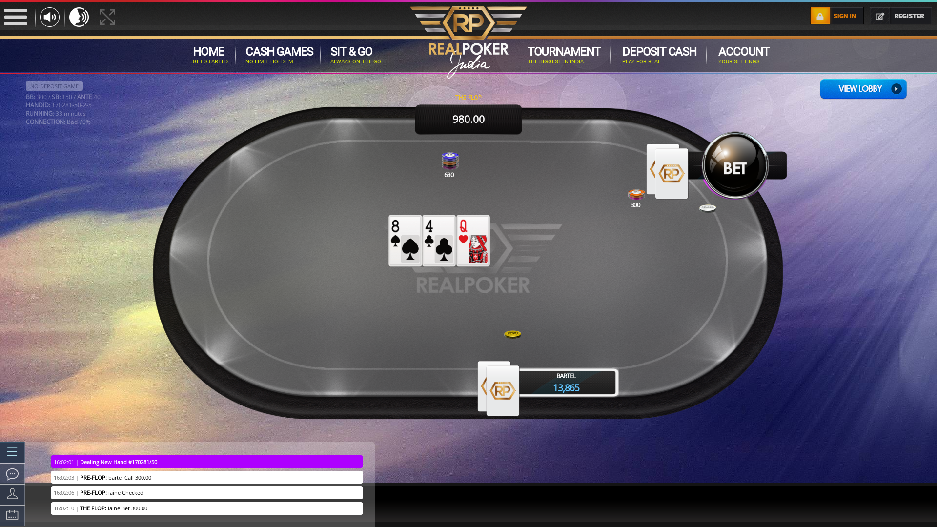 Indian online poker on a 10 player table in the 33rd minute match up