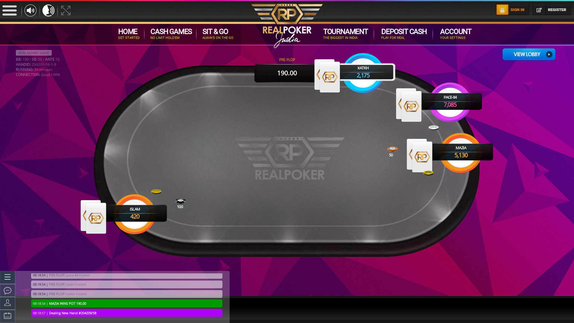 Indian online poker on a 10 player table in the 34th minute match up
