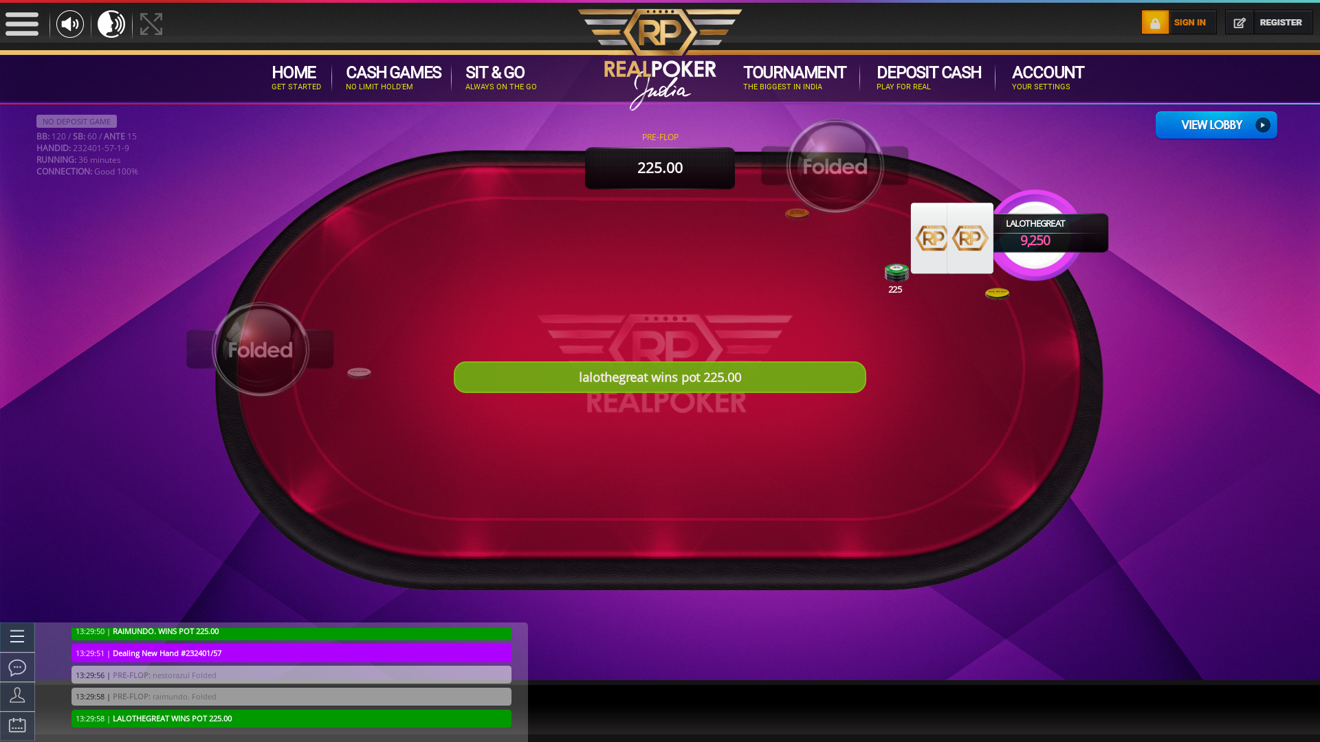 Indian online poker on a 10 player table in the 36th minute match up