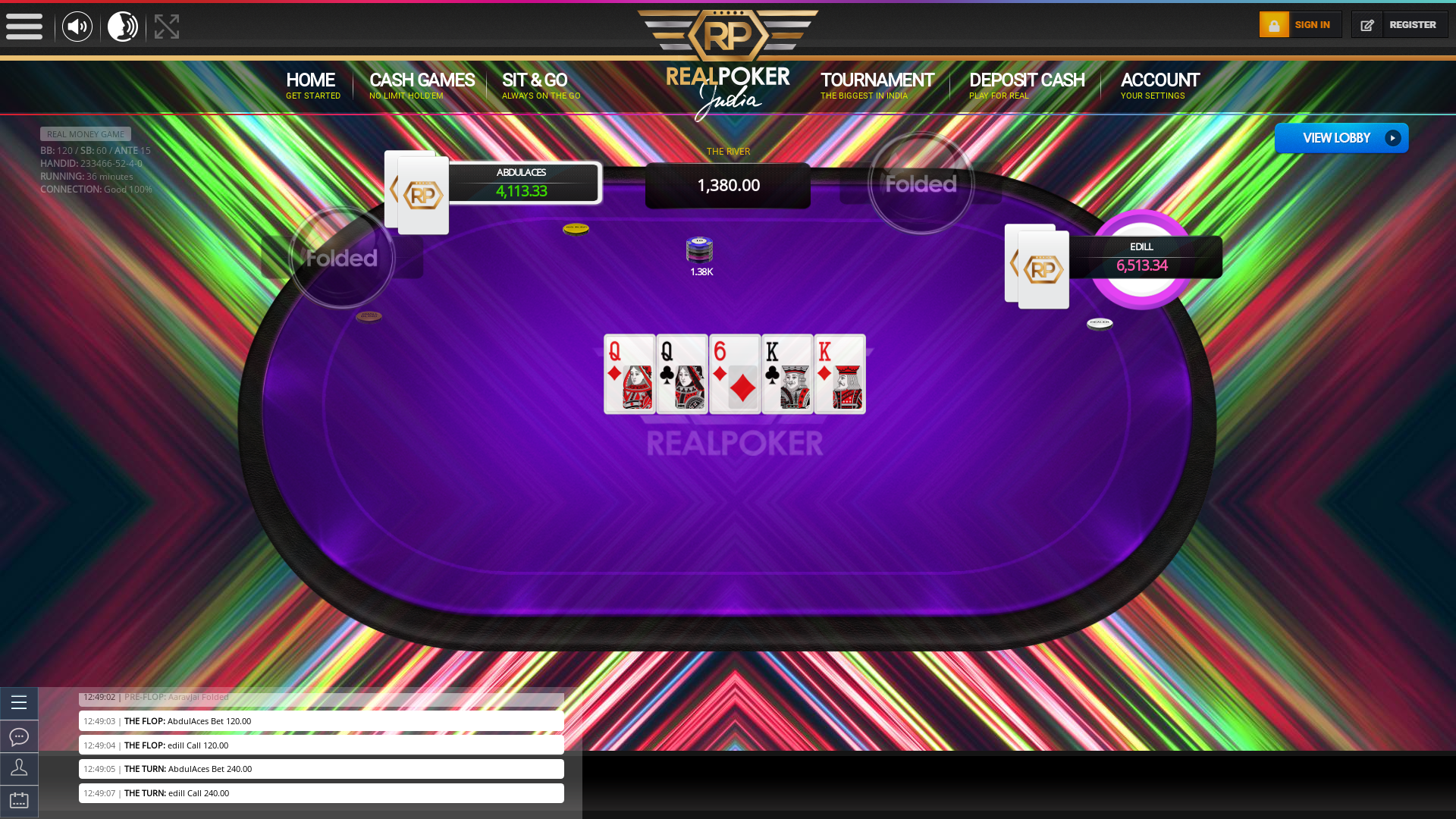 Indian online poker on a 10 player table in the 36th minute match up
