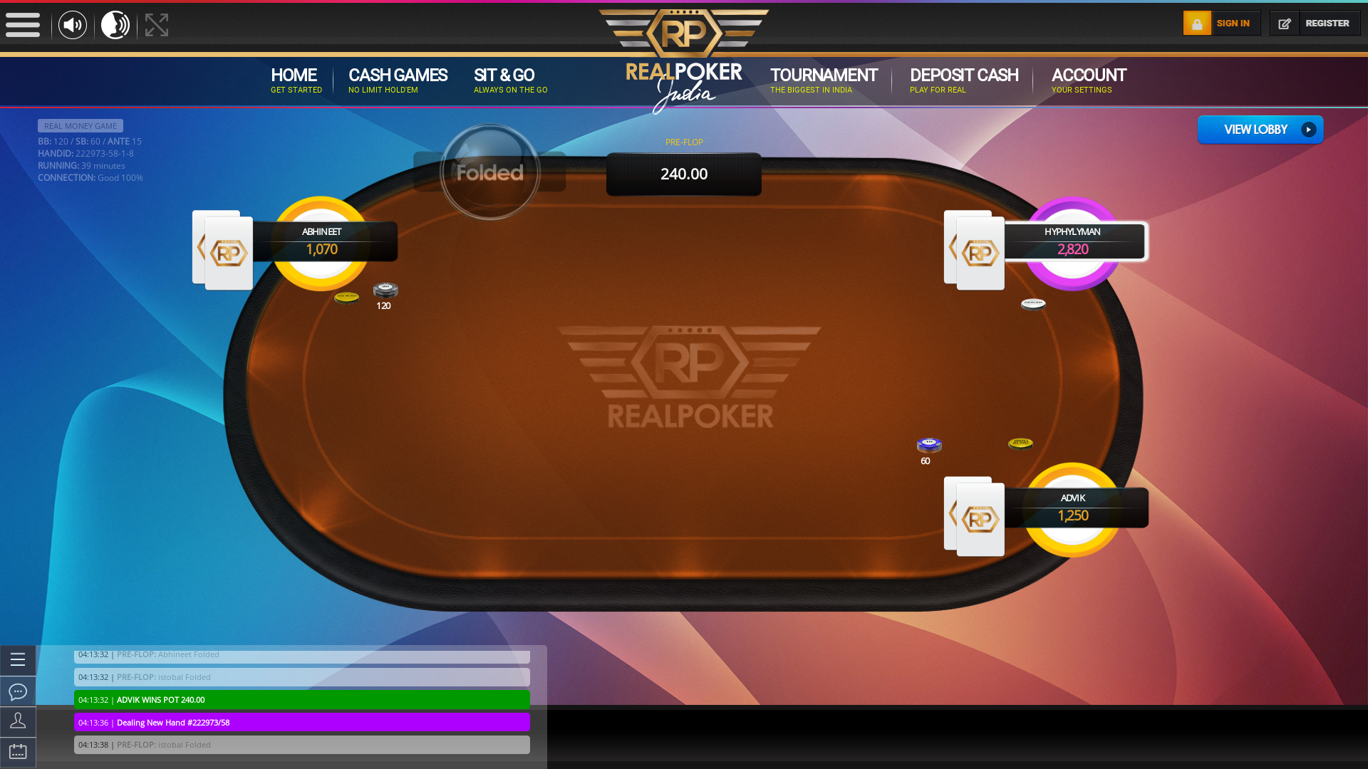 Indian online poker on a 10 player table in the 39th minute match up