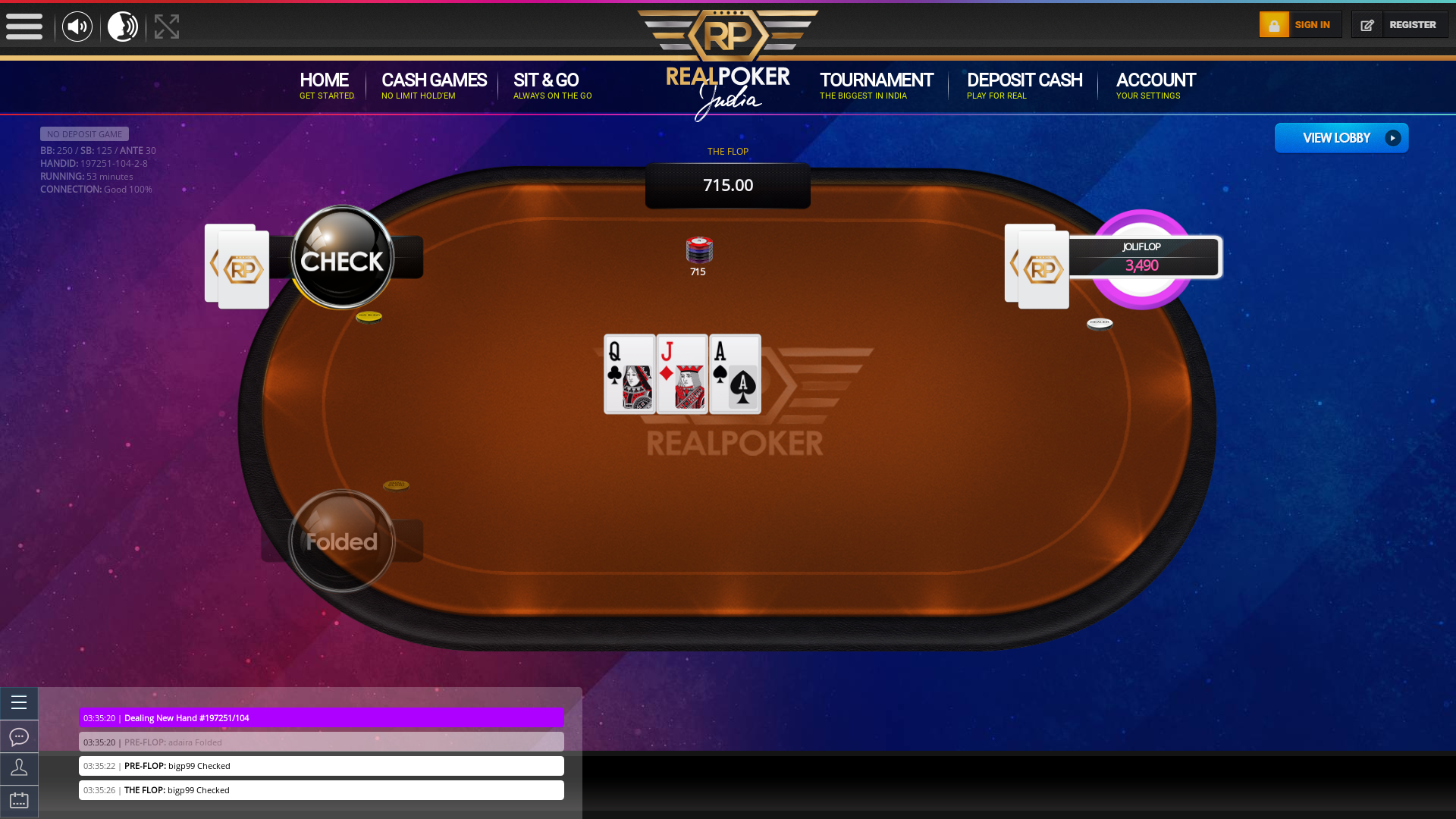 Indian online poker on a 10 player table in the 53rd minute match up