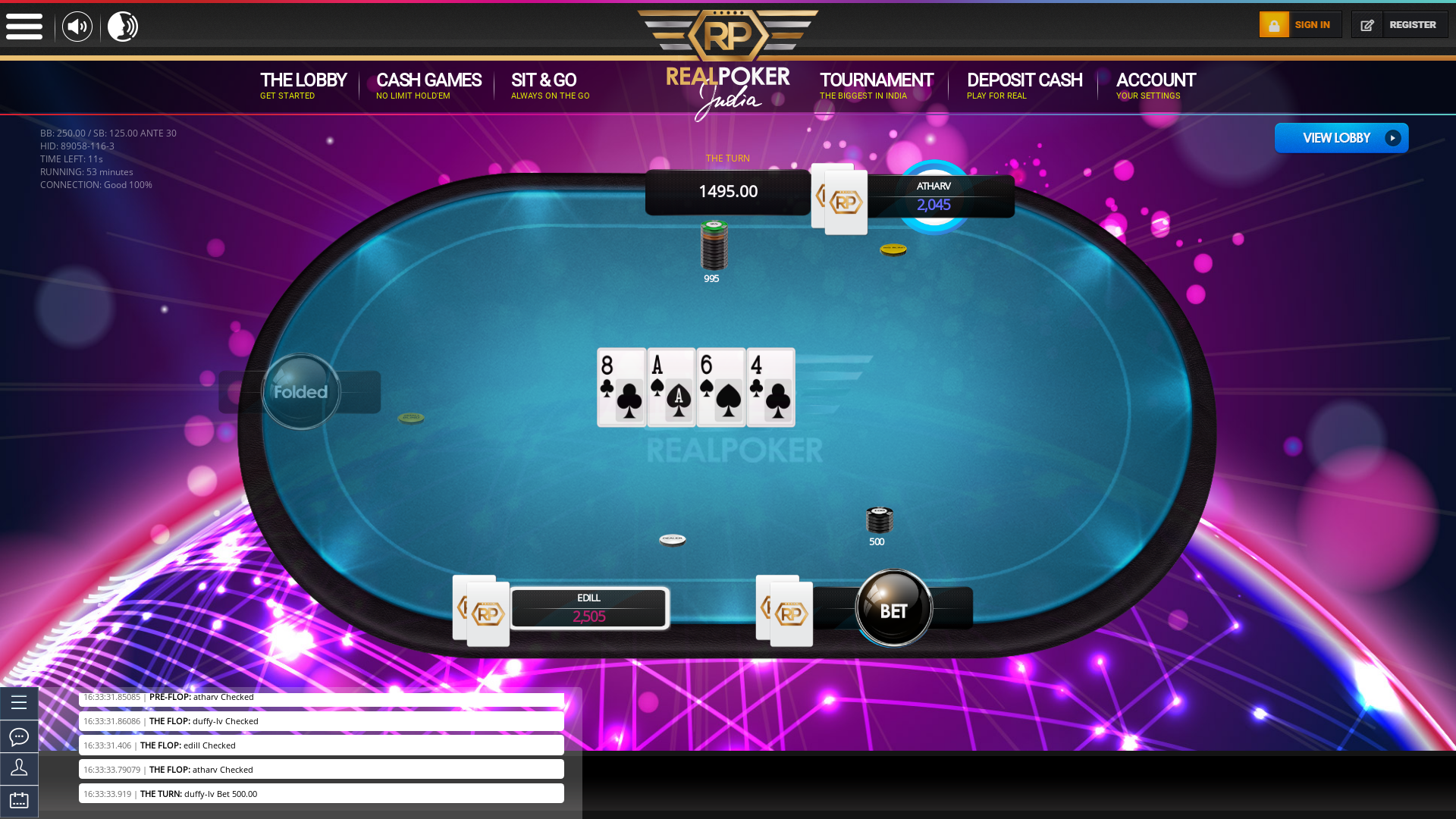 Indian online poker on a 10 player table in the 53rd minute match up