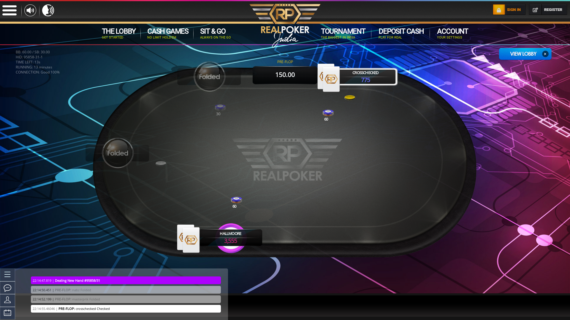 Indian online poker on a 6 player table in the 13th minute match up
