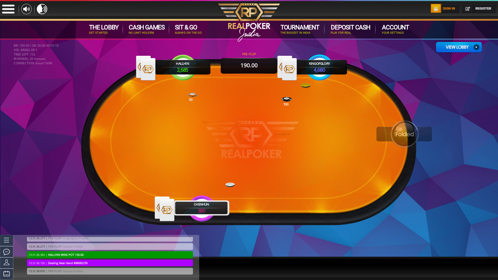 Indian online poker on a 6 player table in the 20th minute match up