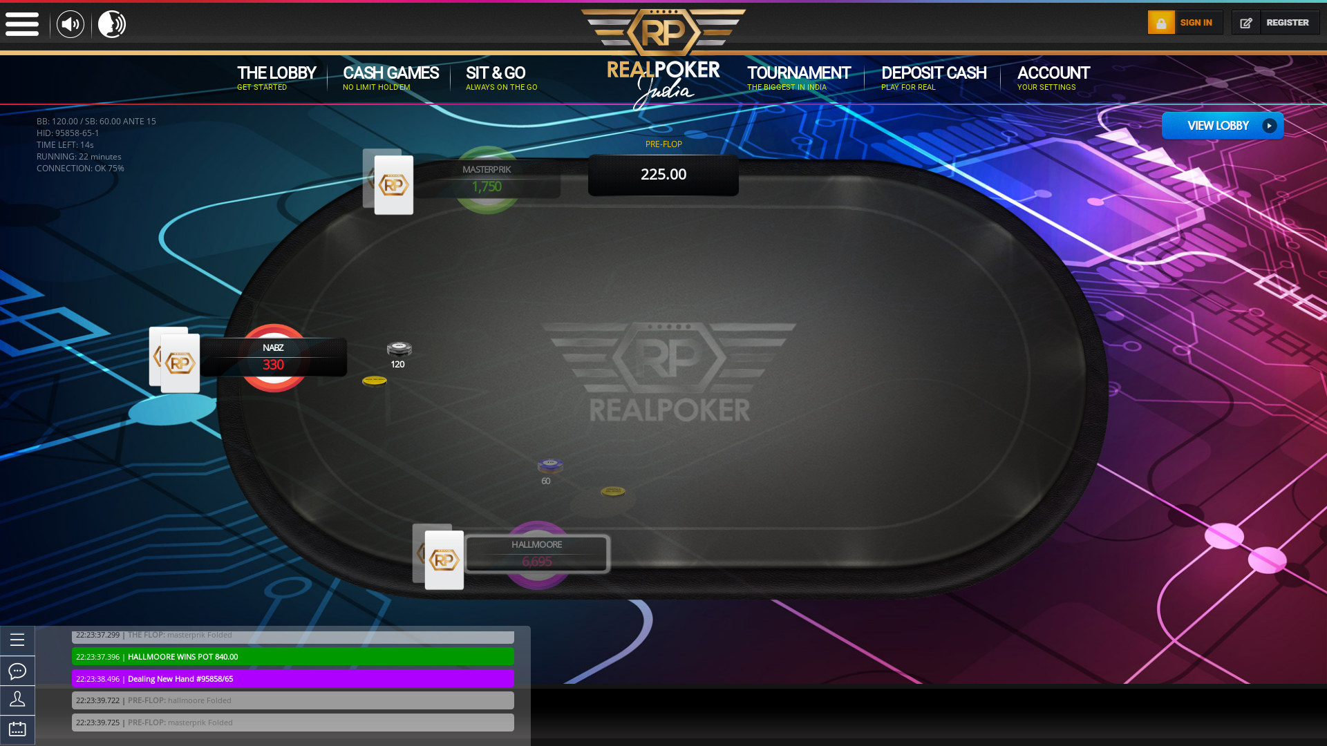 Indian online poker on a 6 player table in the 22nd minute match up