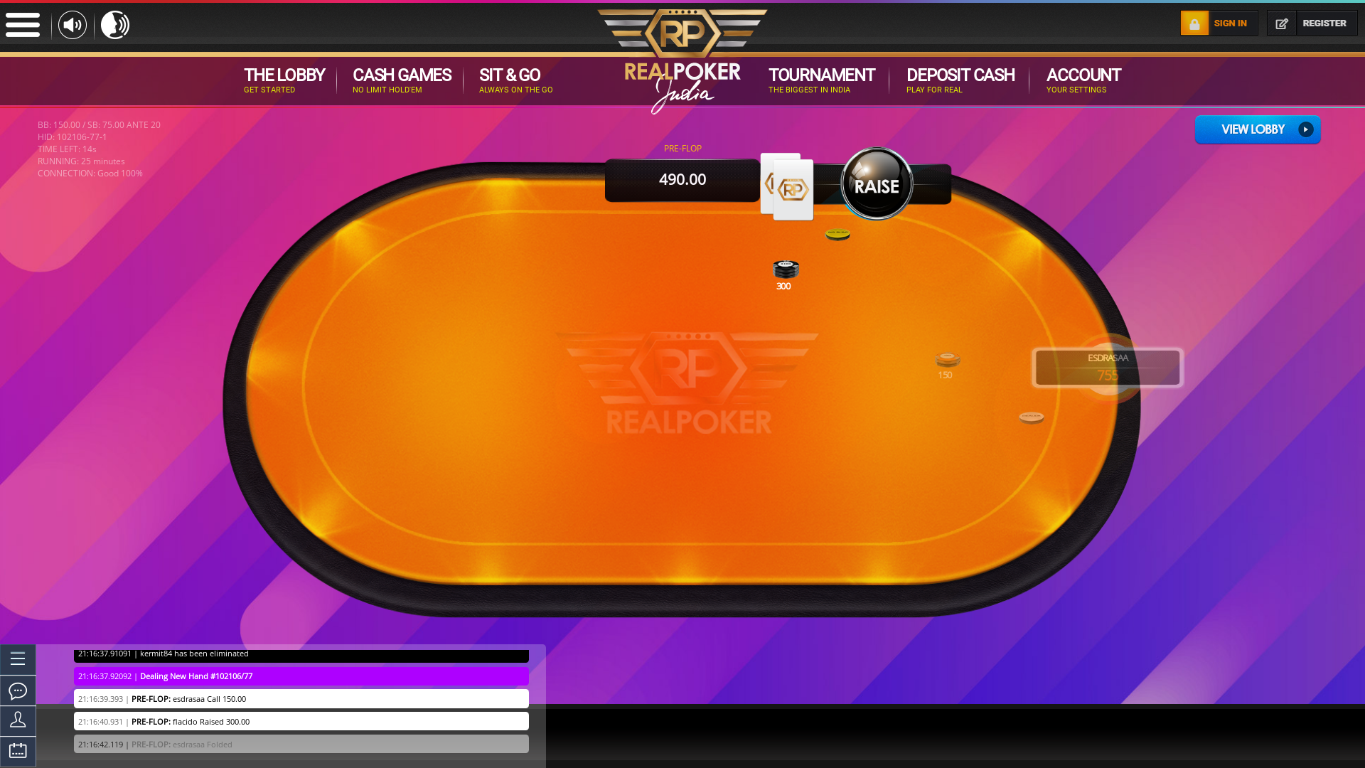 Indian online poker on a 6 player table in the 25th minute match up