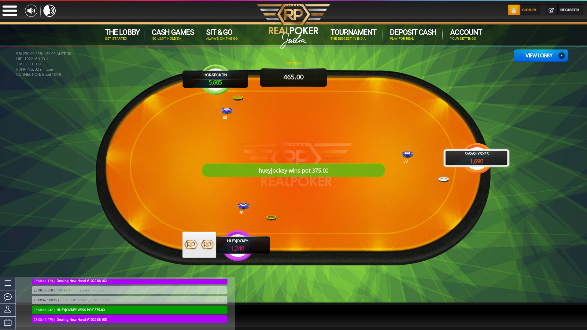 Indian online poker on a 6 player table in the 31st minute match up