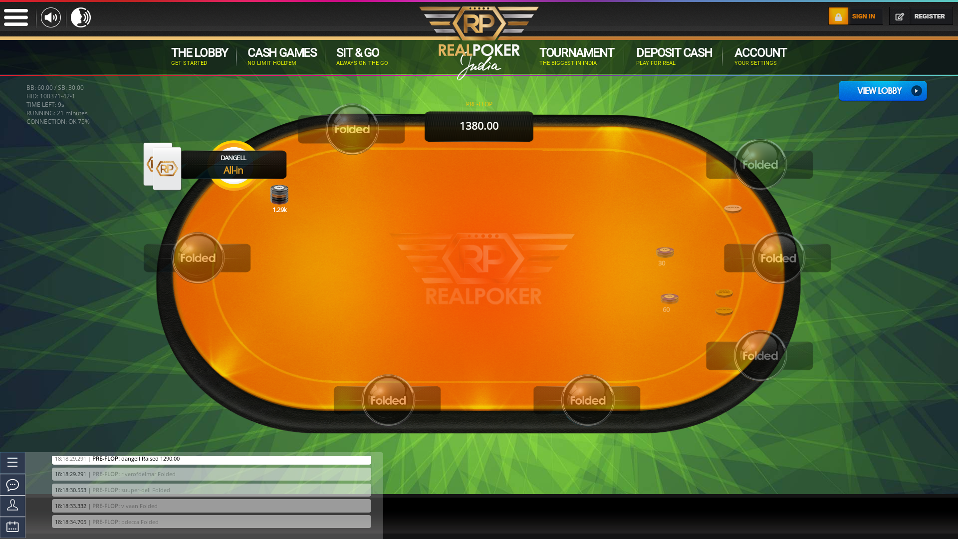 Indian poker on a 10 player table in the 21st minute