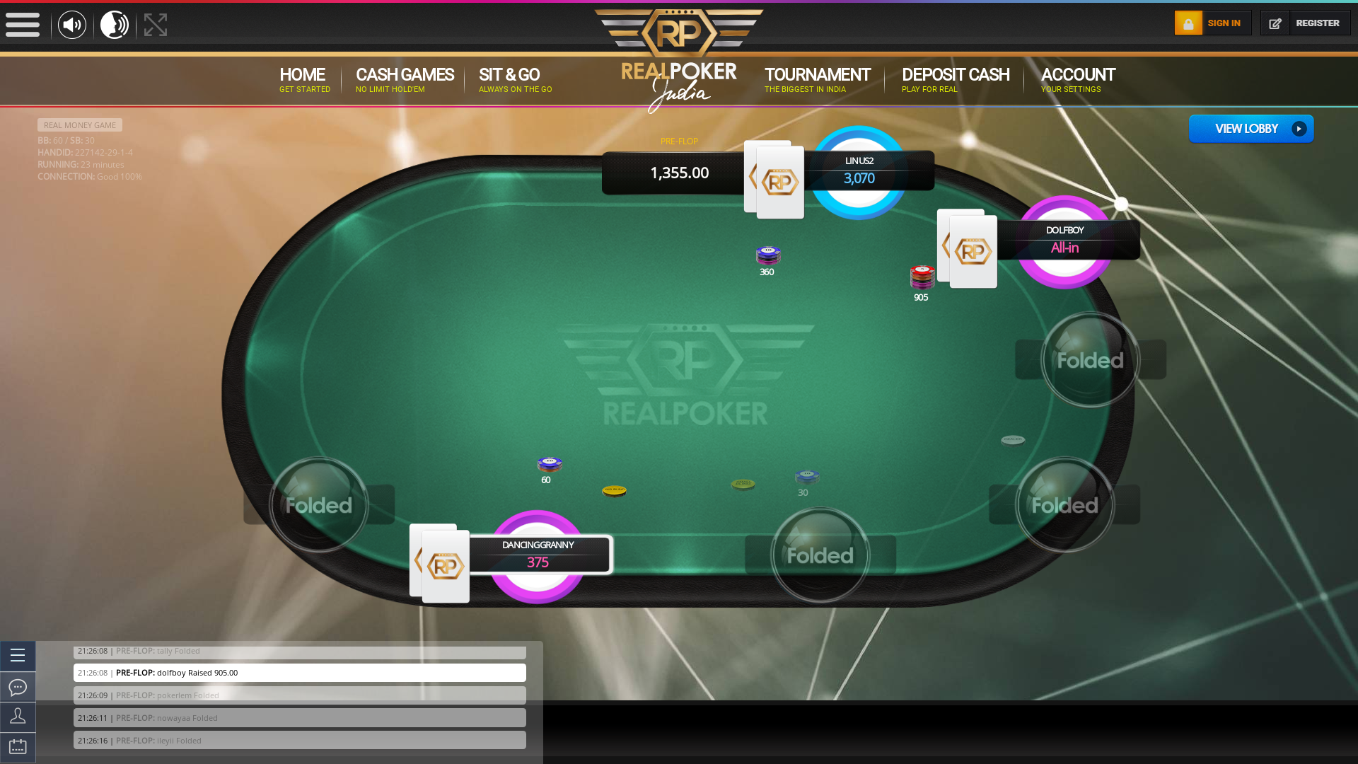 Indian poker on a 10 player table in the 22nd minute