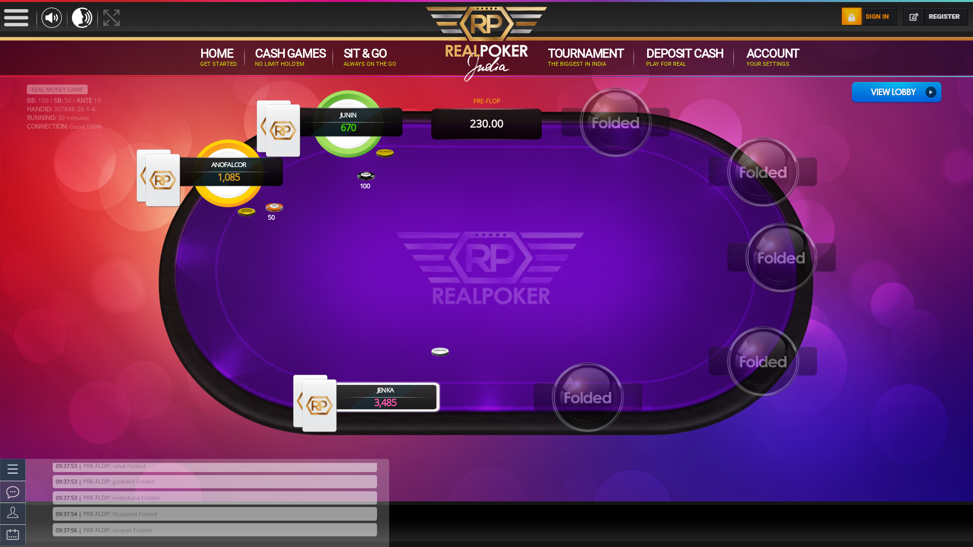 Indian poker on a 10 player table in the 30th minute