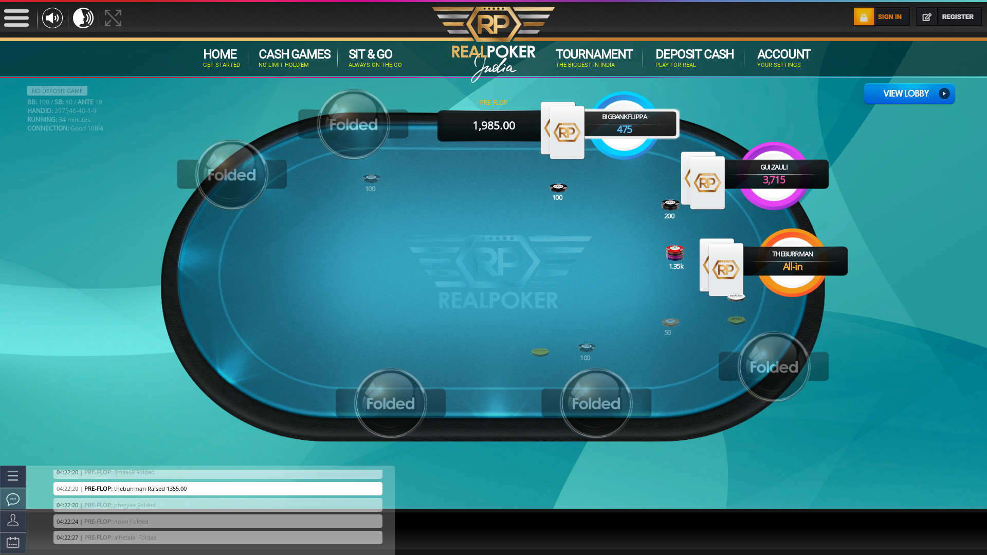 Indian poker on a 10 player table in the 34th minute