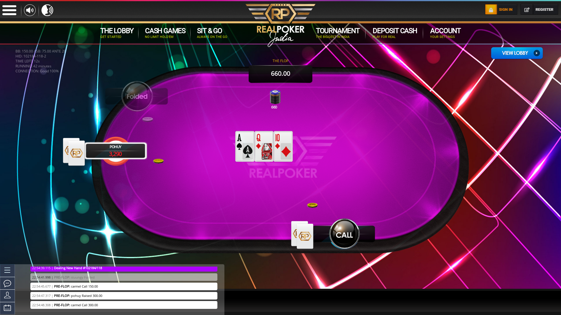 Indian poker on a 10 player table in the 42nd minute