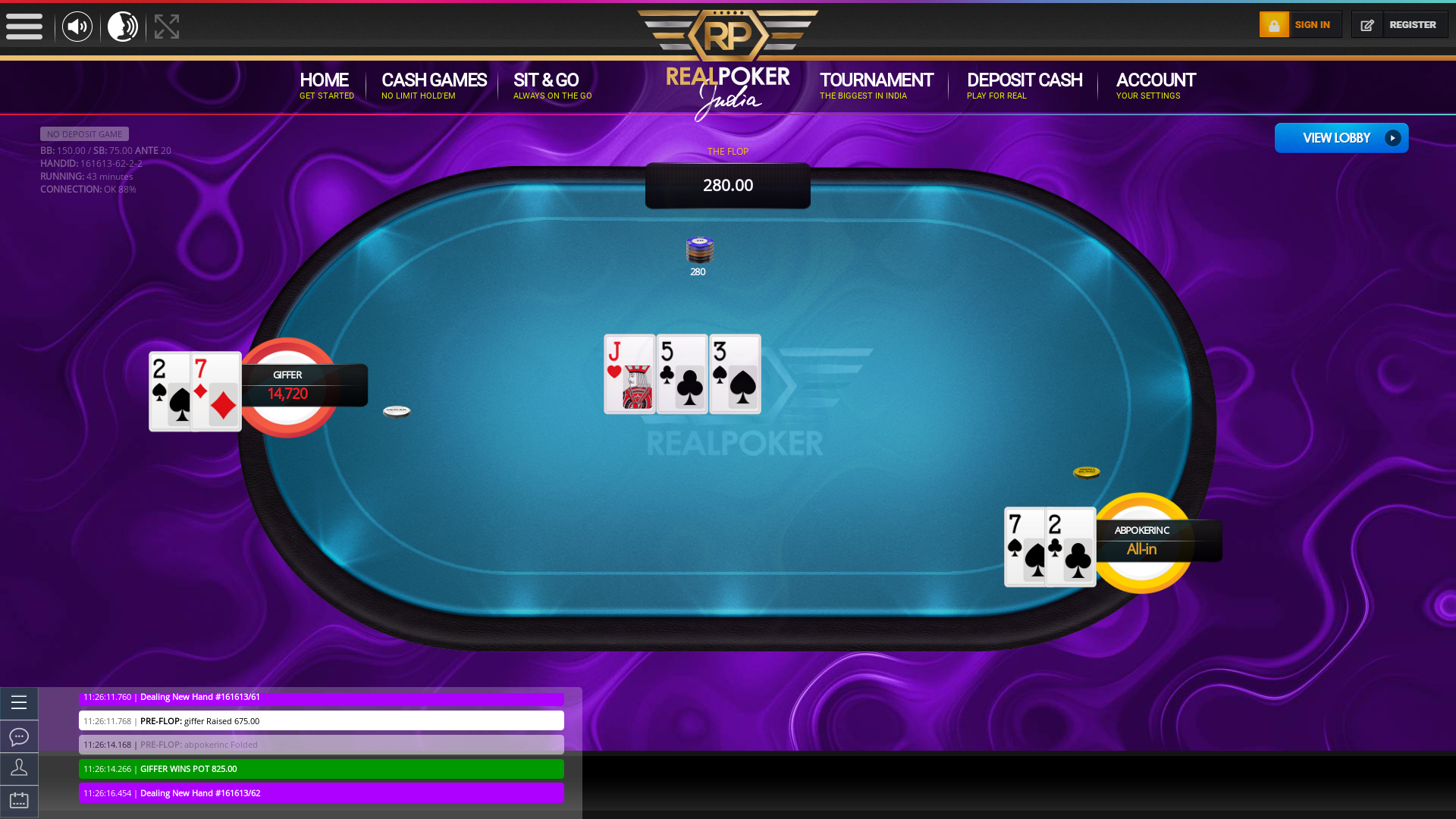 Indian poker on a 10 player table in the 43rd minute