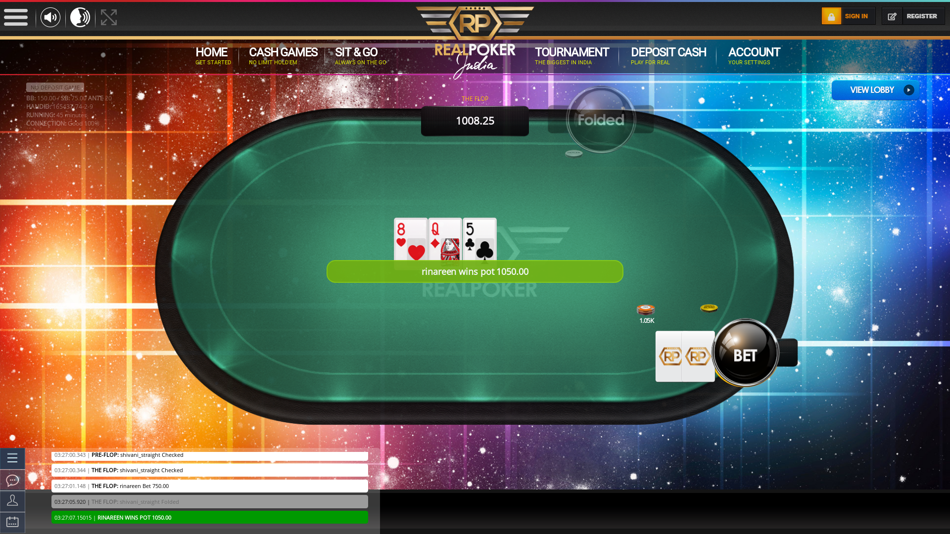 Indian poker on a 10 player table in the 44th minute