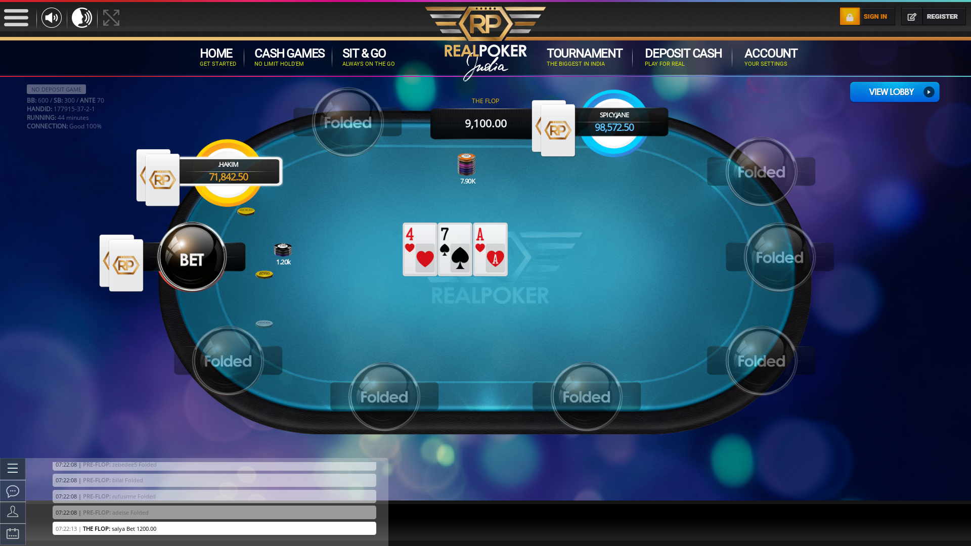 Indian poker on a 10 player table in the 44th minute