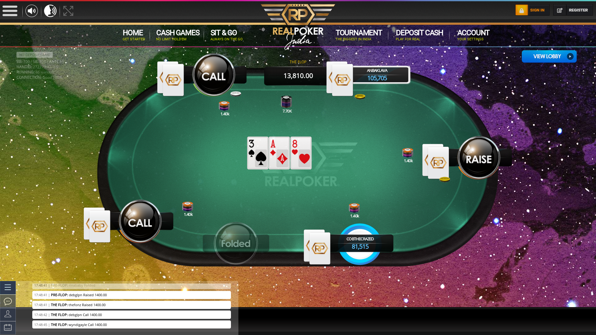 Indian poker on a 10 player table in the 46th minute