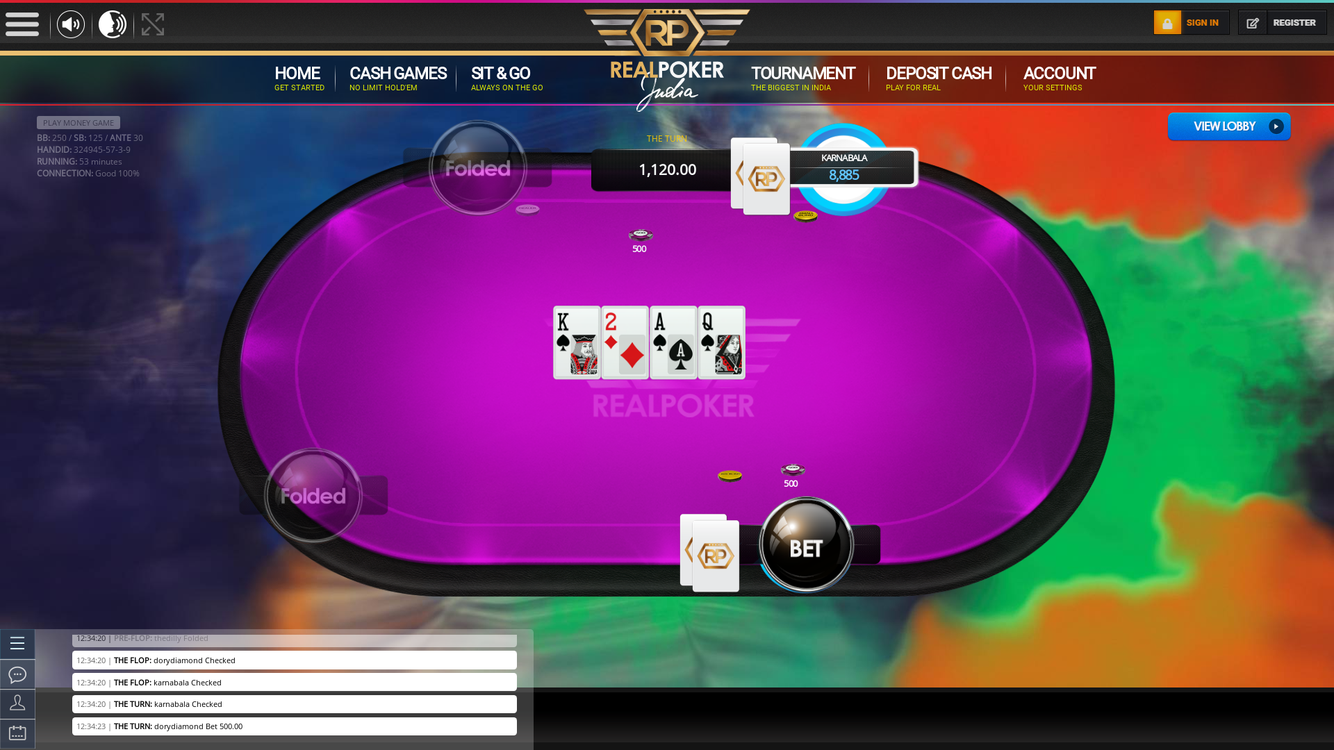 Indian poker on a 10 player table in the 53rd minute