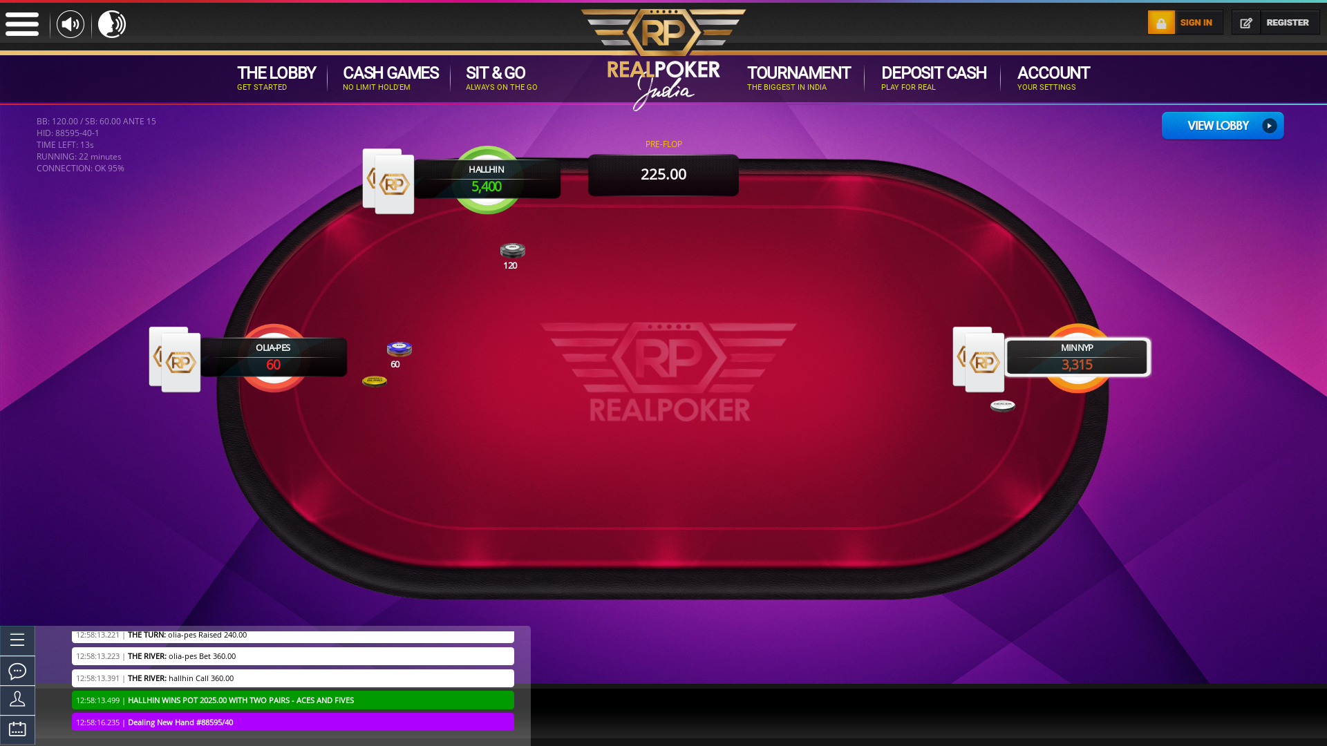 Indian poker on a 6 player table in the 22nd minute