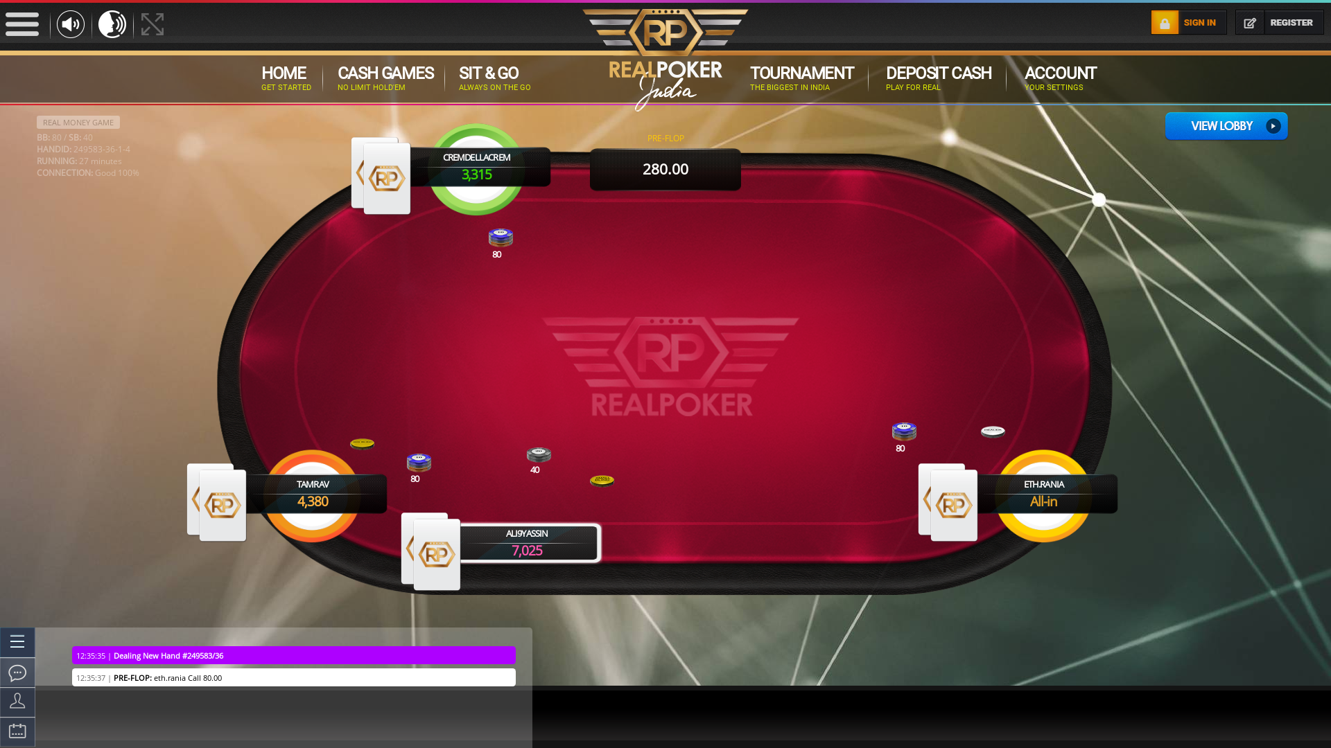 Indiranagar, Bengaluru online poker game on a 10 player table in the 27th minute of the game