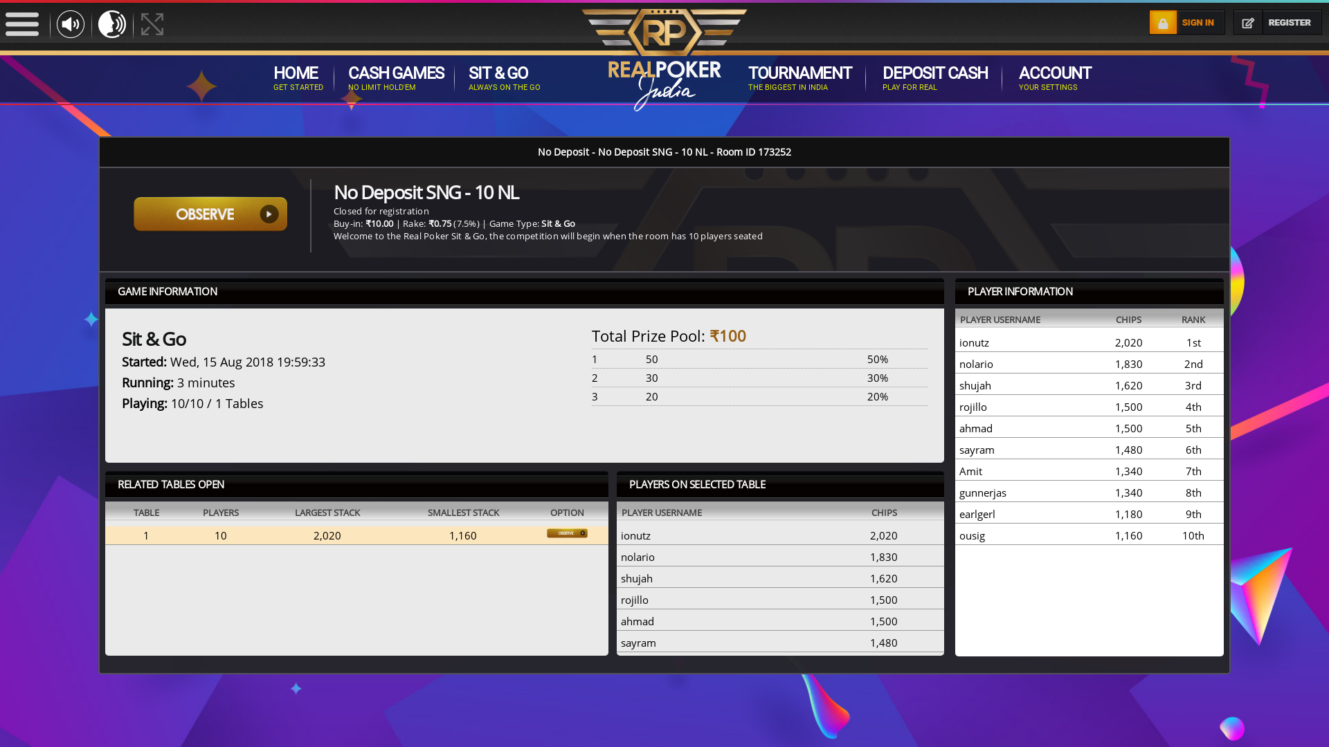 Indore online poker game on a 10 player table in the 3rd minute of the match
