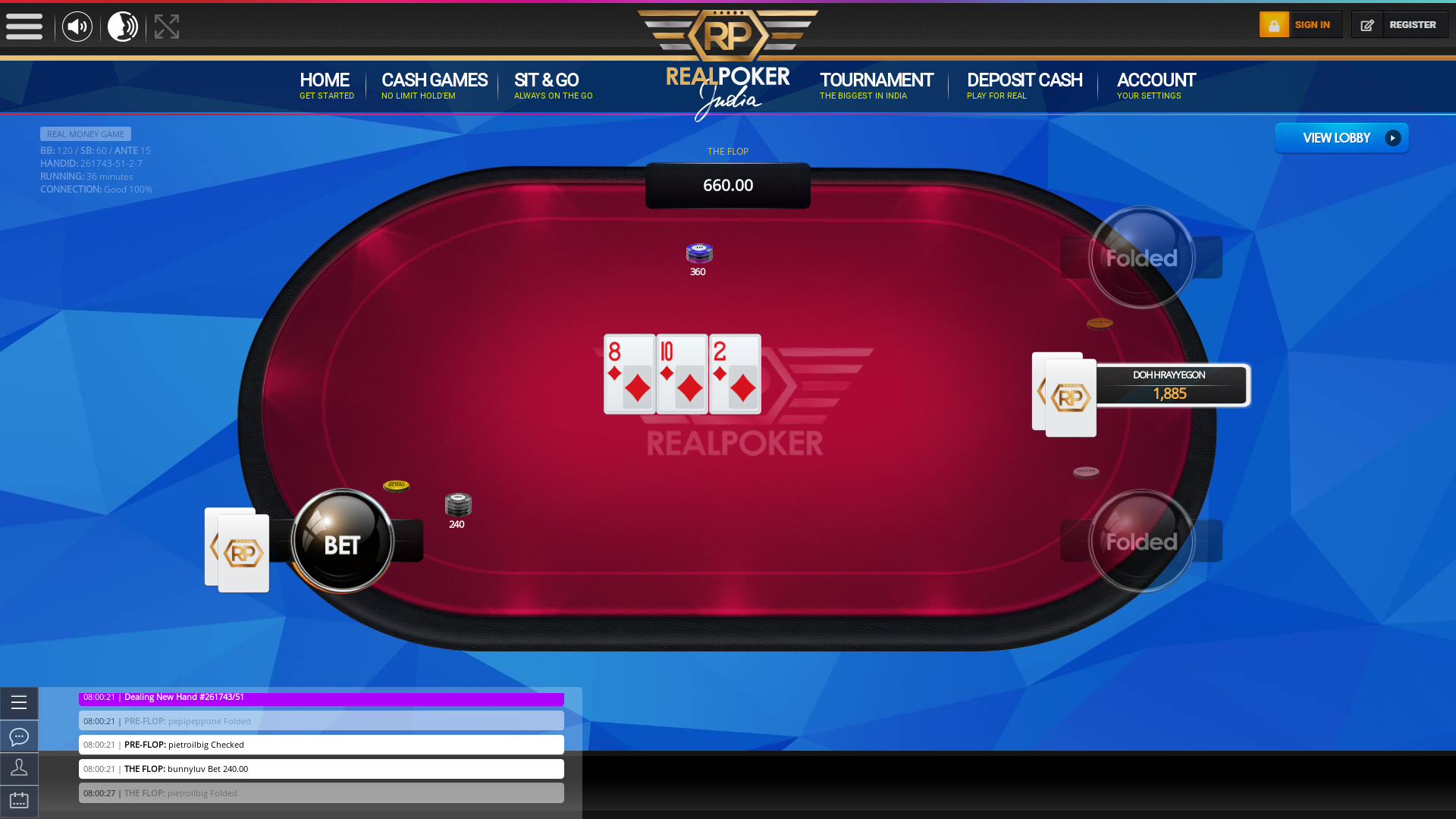 Mandovi River real poker on a 10 player table in the 36th minute of the game