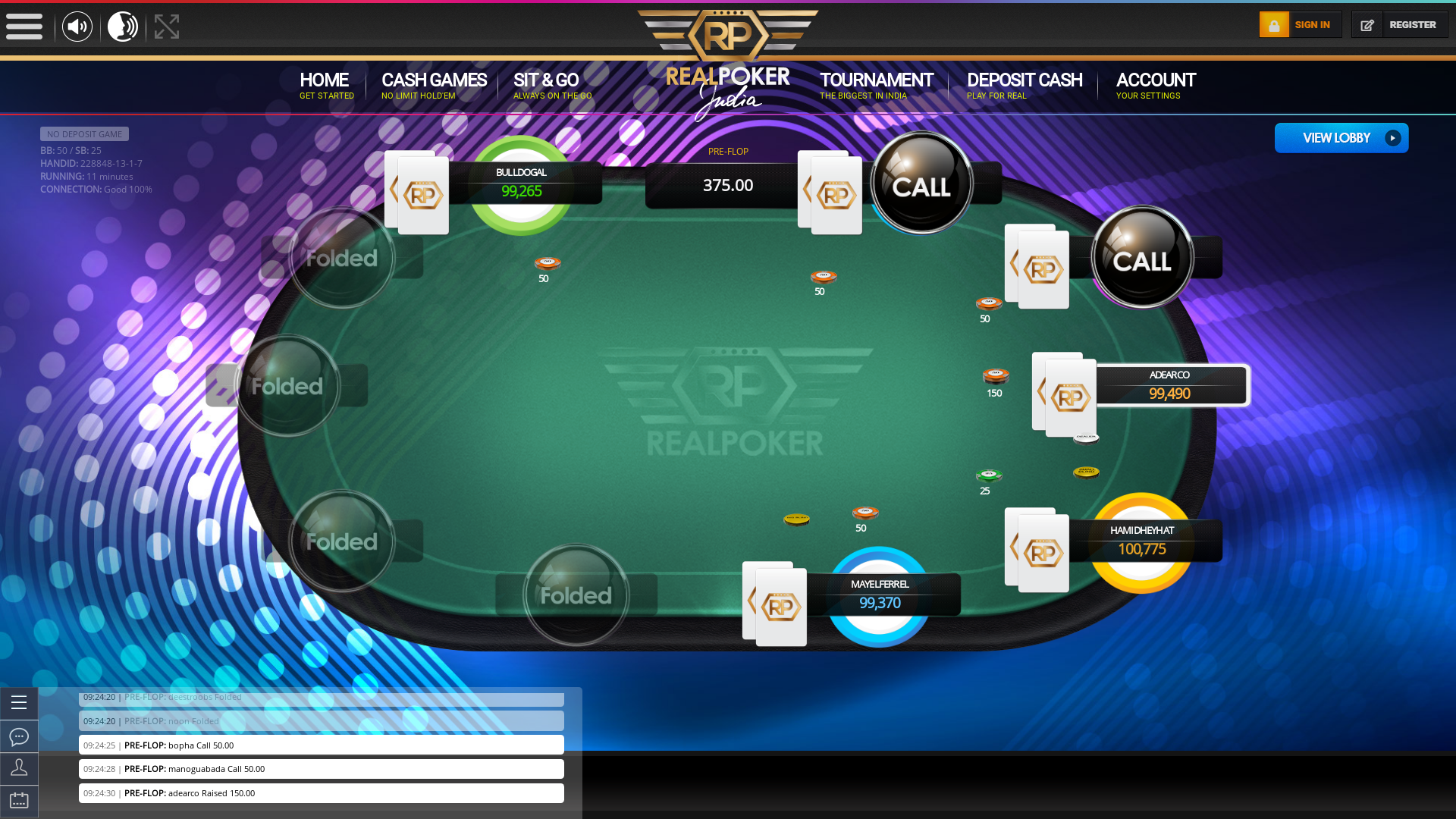 Mathikere, Bangalore online poker game on a 10 player table in the 11th minute of the game