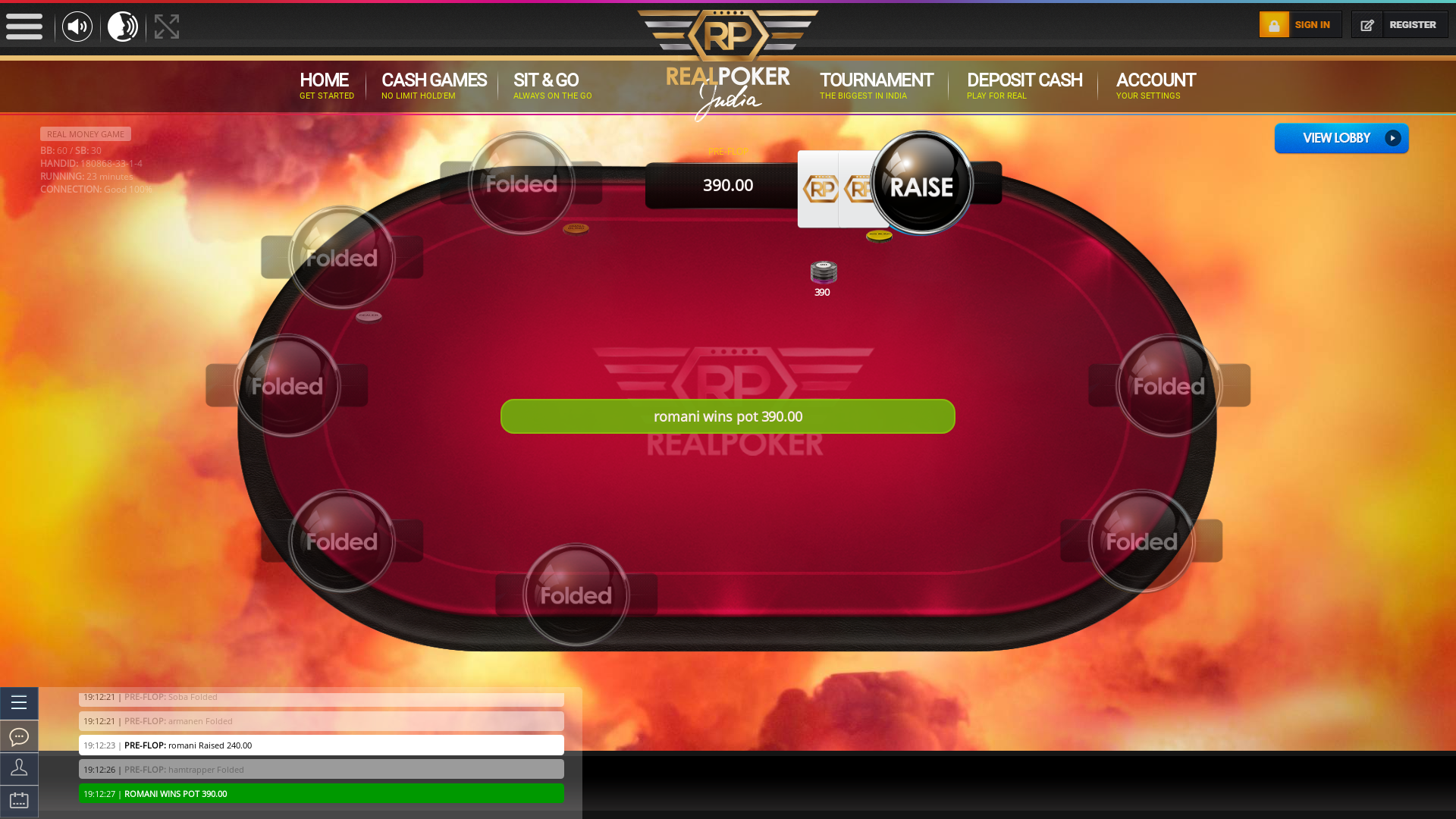 Noida online poker game on a 10 player table in the 23rd minute of the match