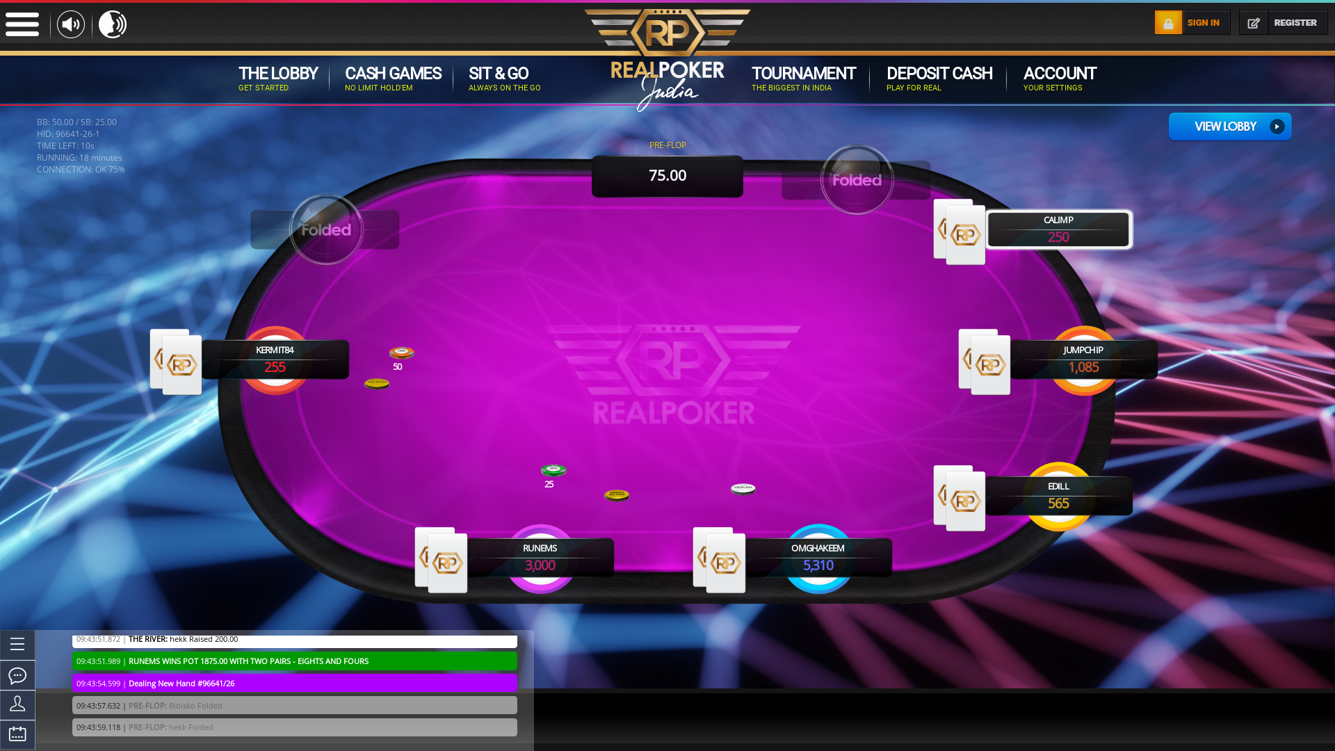 Online poker on a 10 player table in the 18th minute match up