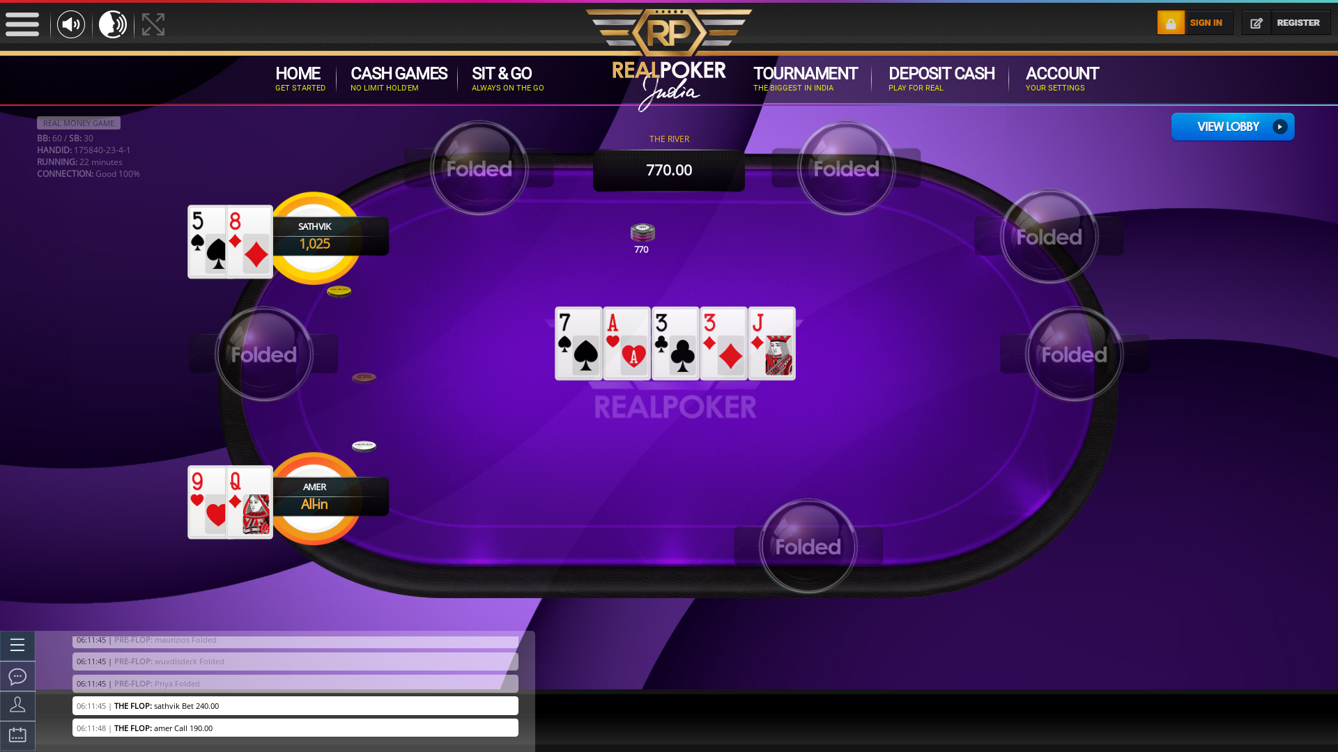 Online poker on a 10 player table in the 22nd minute match up