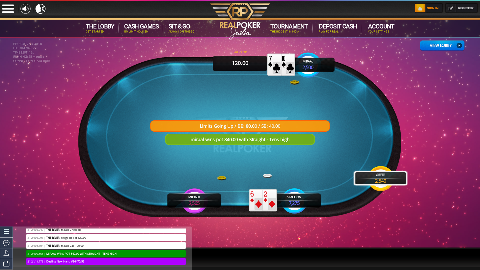 Online poker on a 10 player table in the 25th minute match up