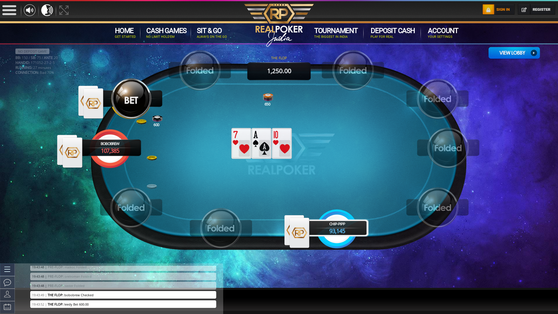 Online poker on a 10 player table in the 27th minute match up