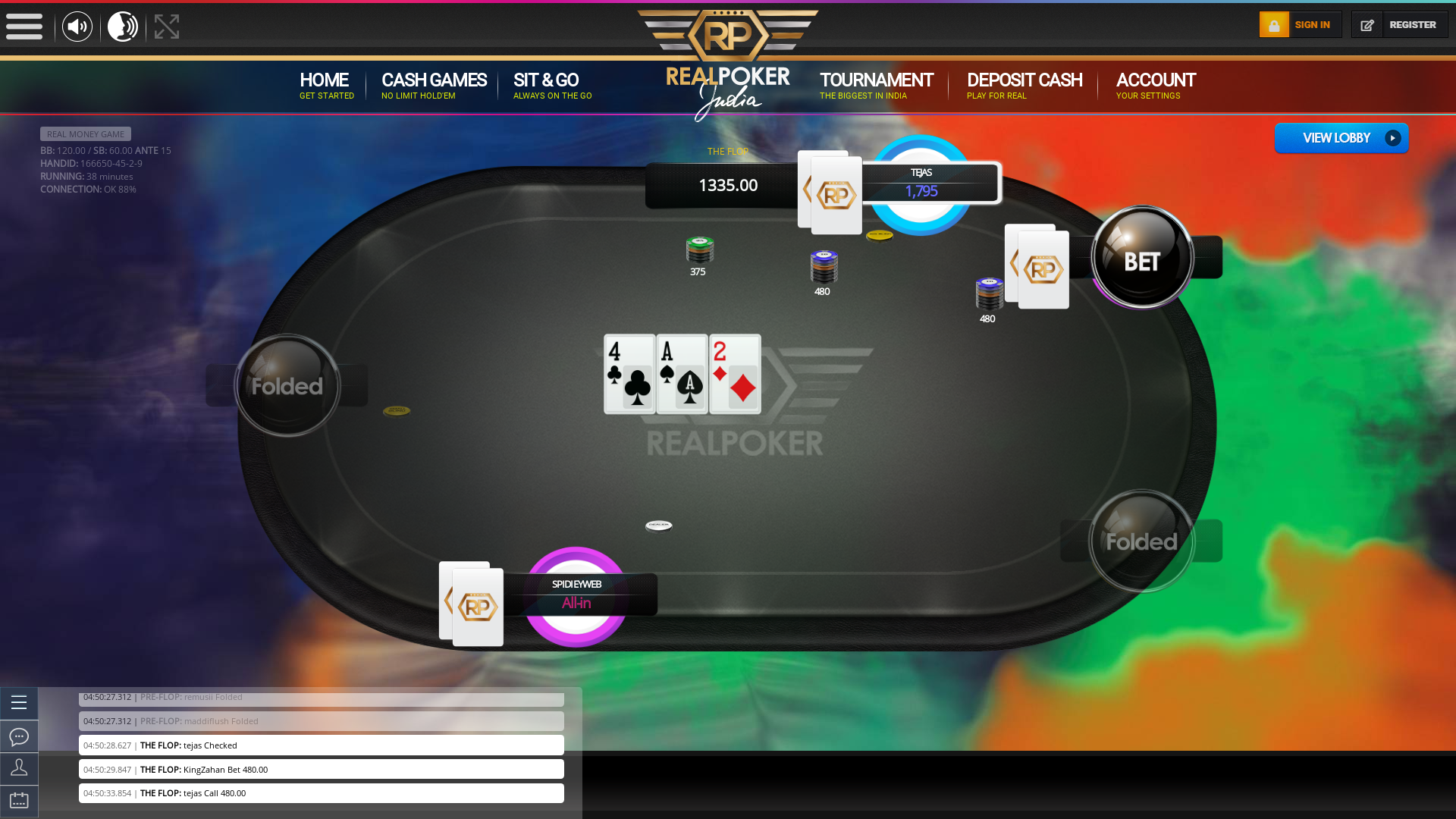 Online poker on a 10 player table in the 38th minute match up
