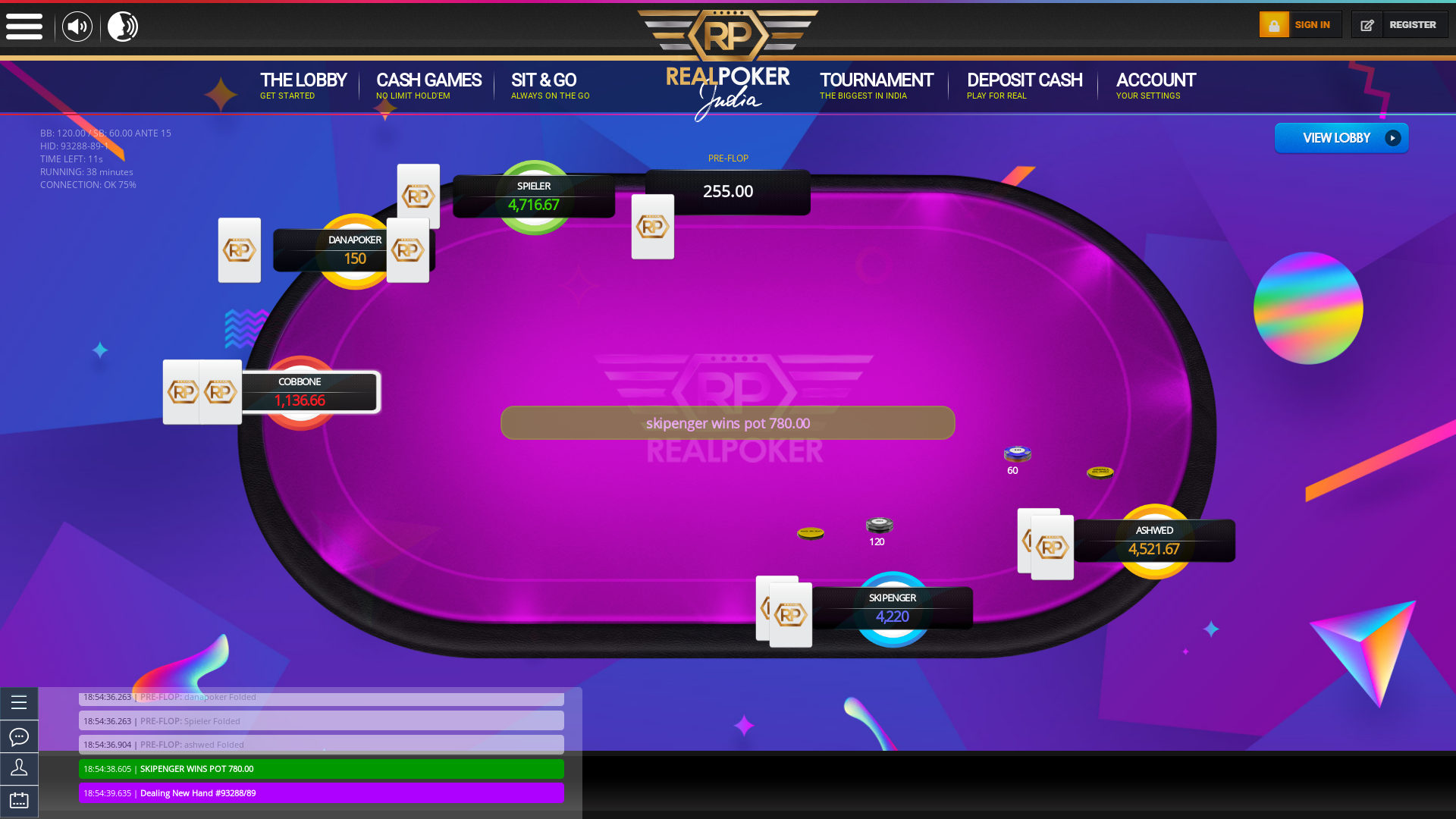 Online poker on a 10 player table in the 38th minute match up