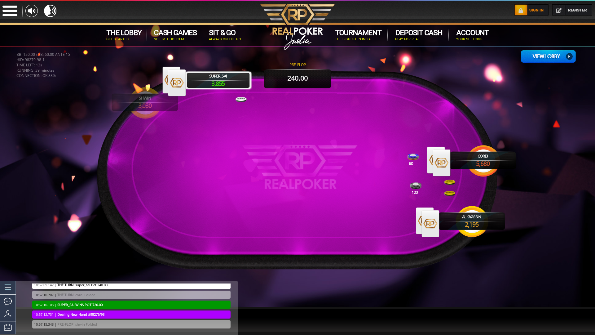 Online poker on a 10 player table in the 39th minute match up