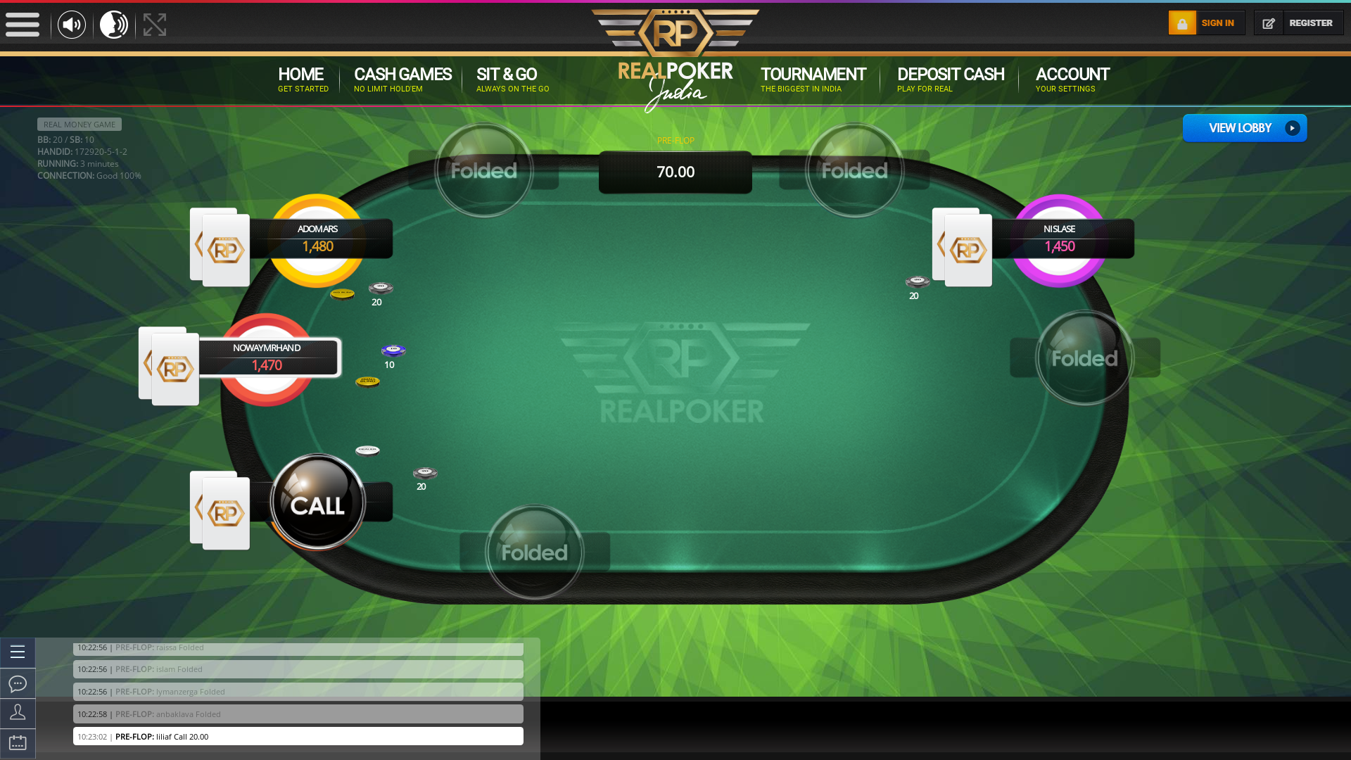 Online poker on a 10 player table in the 3rd minute match up
