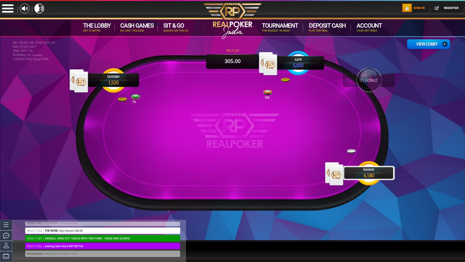 Online poker on a 10 player table in the 42nd minute match up