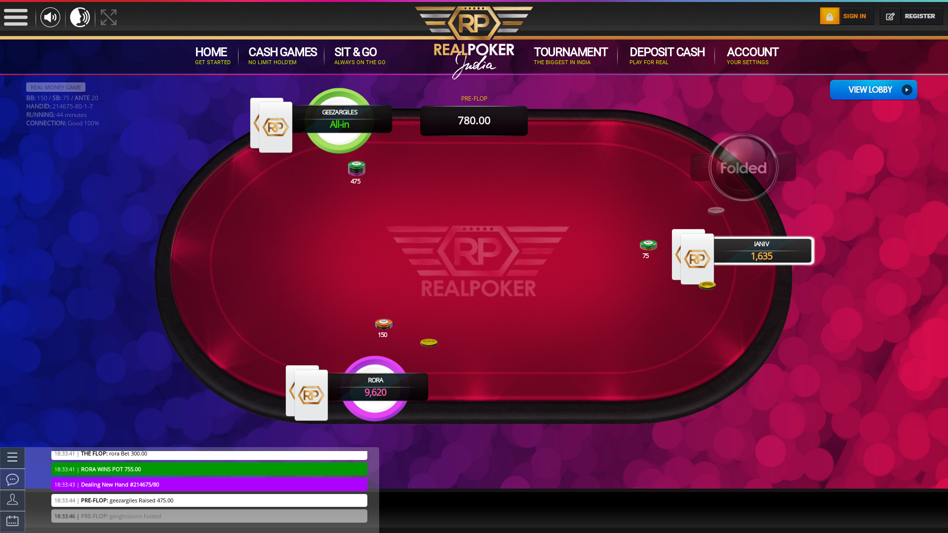 Online poker on a 10 player table in the 44th minute match up