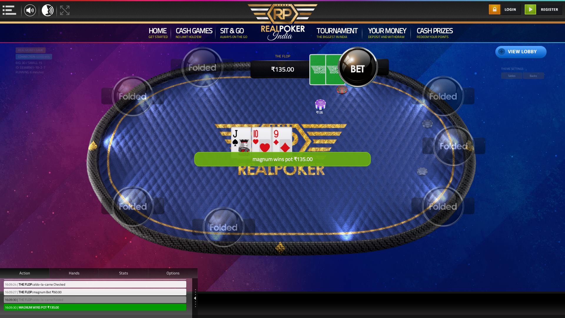 Online poker on a 10 player table in the 6th minute match up