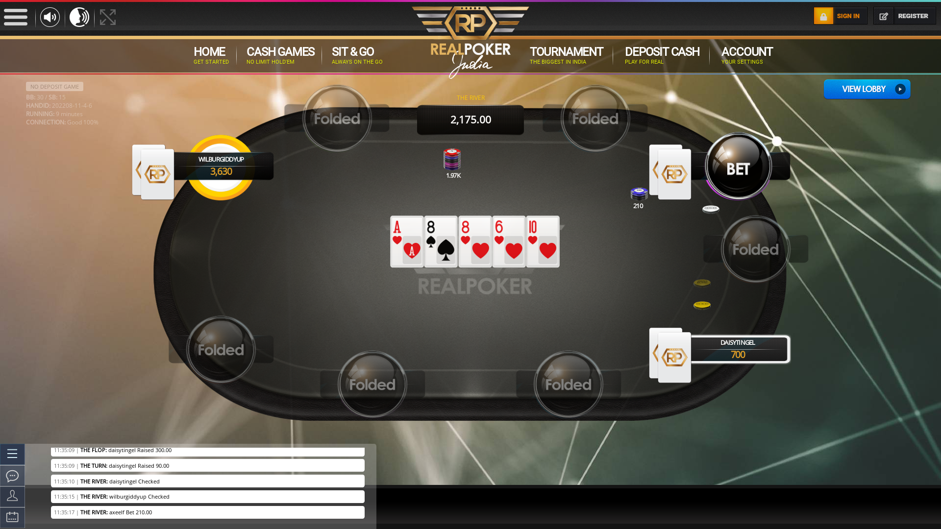Online poker on a 10 player table in the 9th minute match up