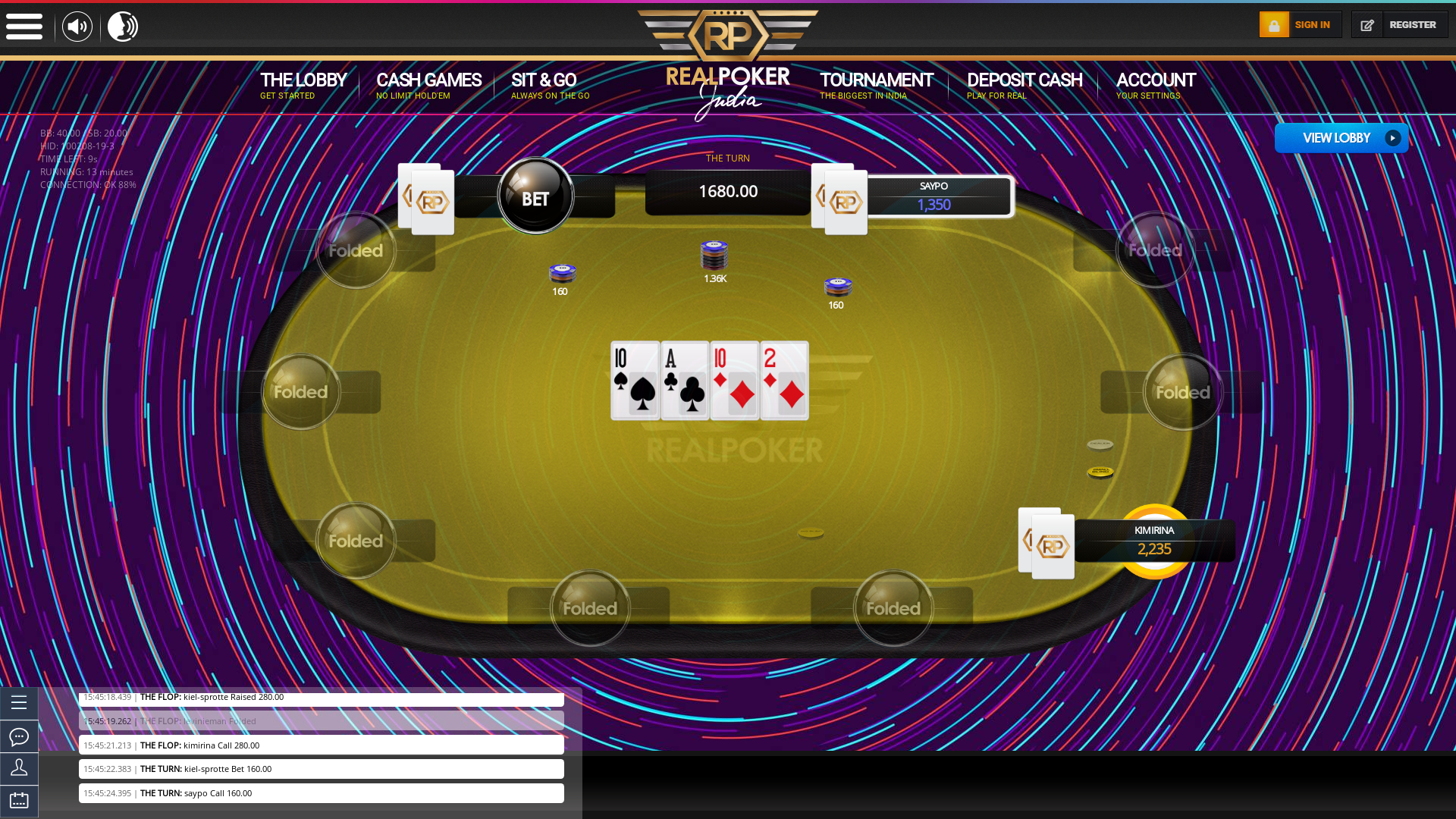 Panjim poker table on a 10 player table in the 13th minute of the match