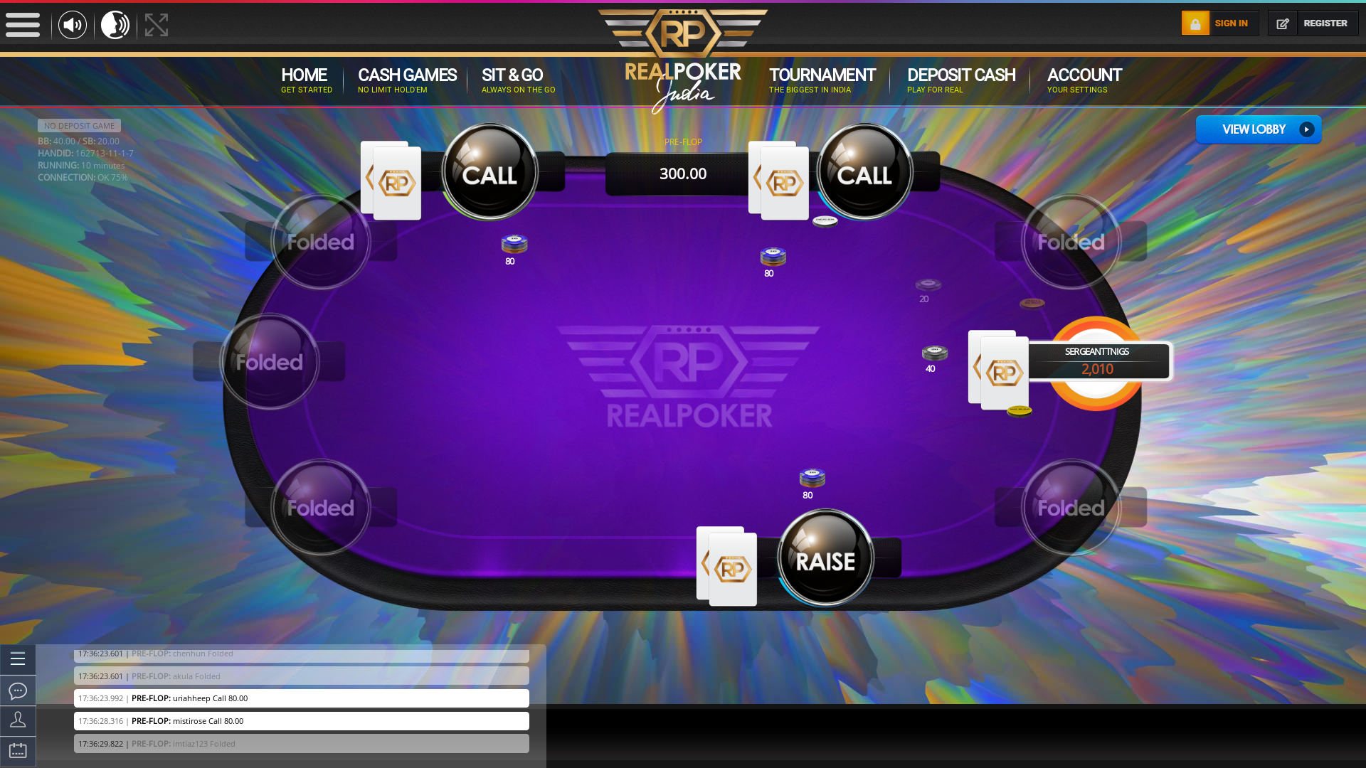Real Indian poker on a 10 player table in the 10th minute of the game