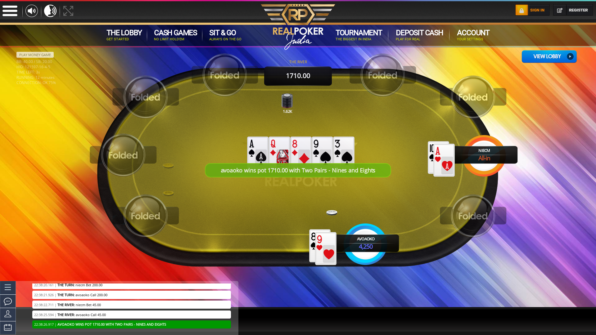Real Indian poker on a 10 player table in the 12th minute of the game