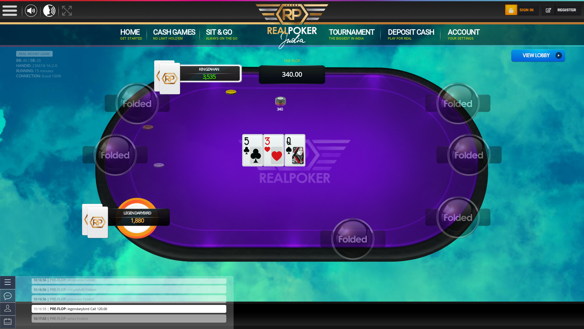 Real Indian poker on a 10 player table in the 15th minute of the game