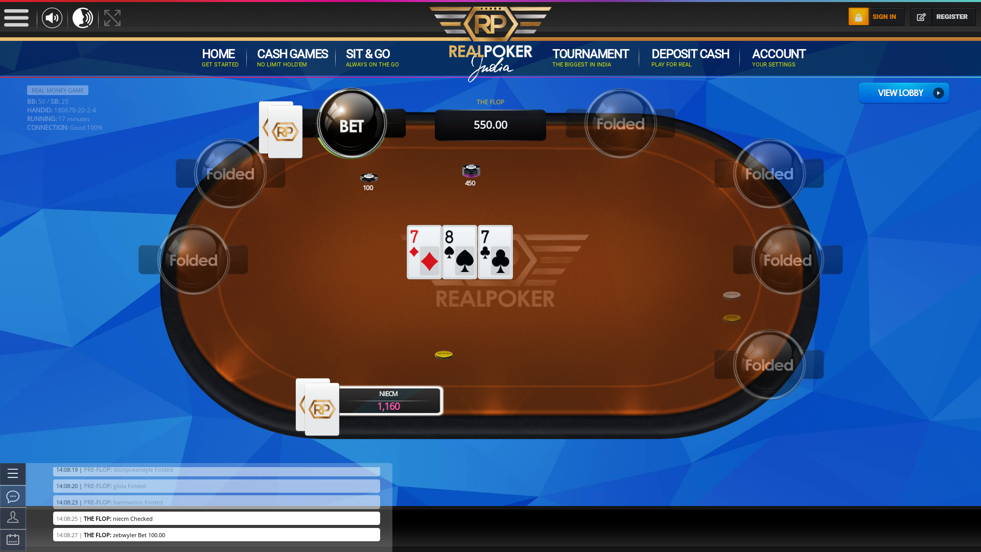 Real Indian poker on a 10 player table in the 17th minute of the game