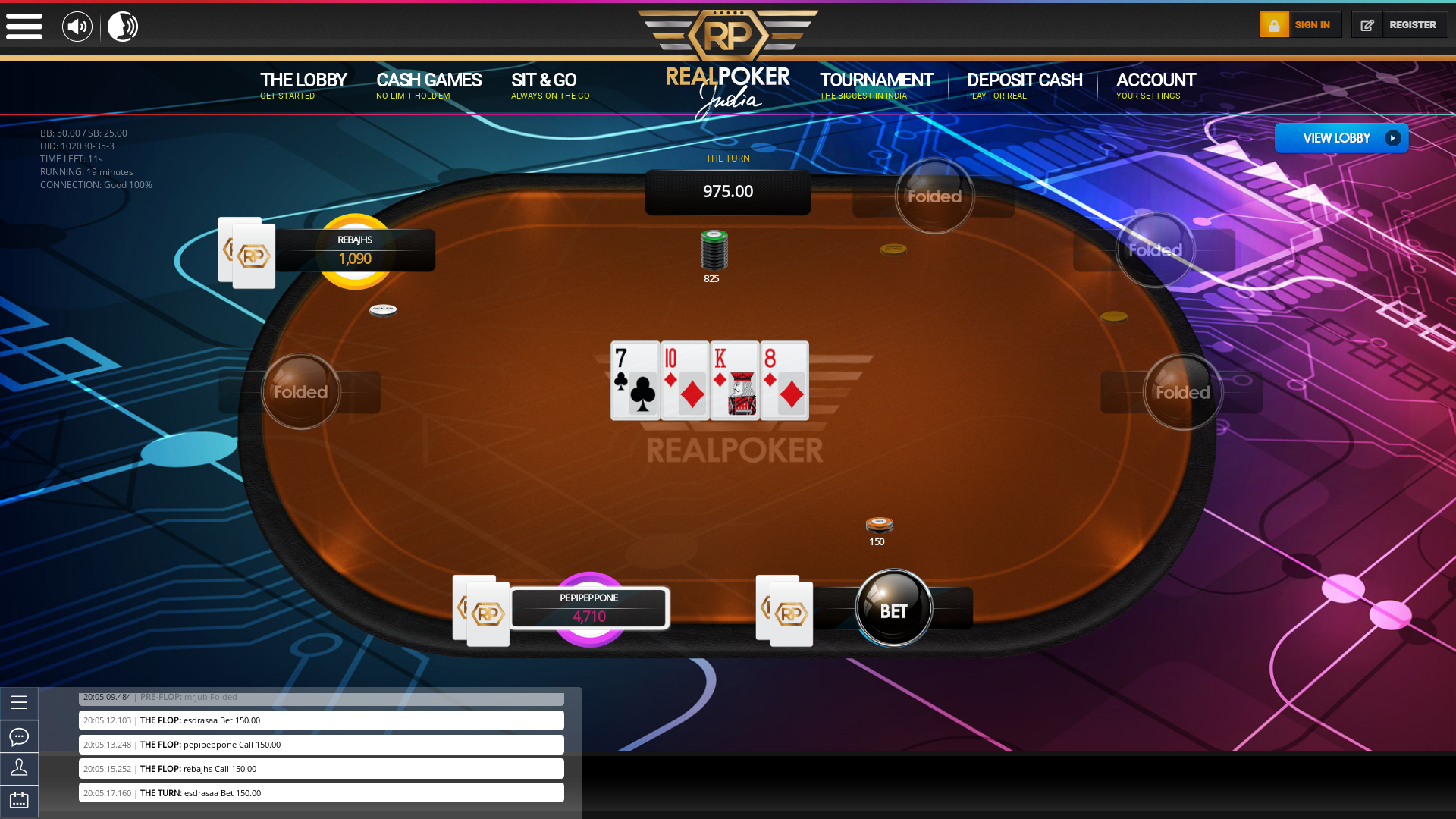Real Indian poker on a 10 player table in the 19th minute of the game