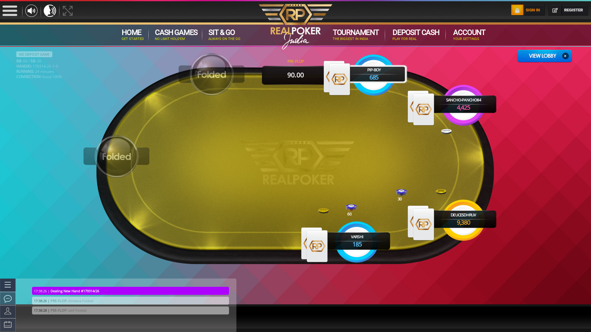 Real Indian poker on a 10 player table in the 24th minute of the game